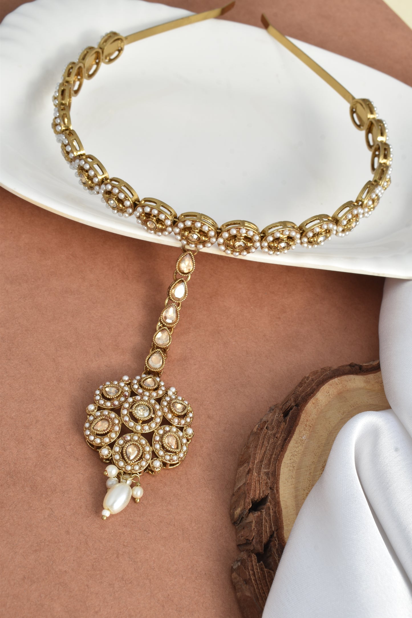 Women's Traditional Pearl & Stone Studded Ethnic Maang Tikka Hair Band