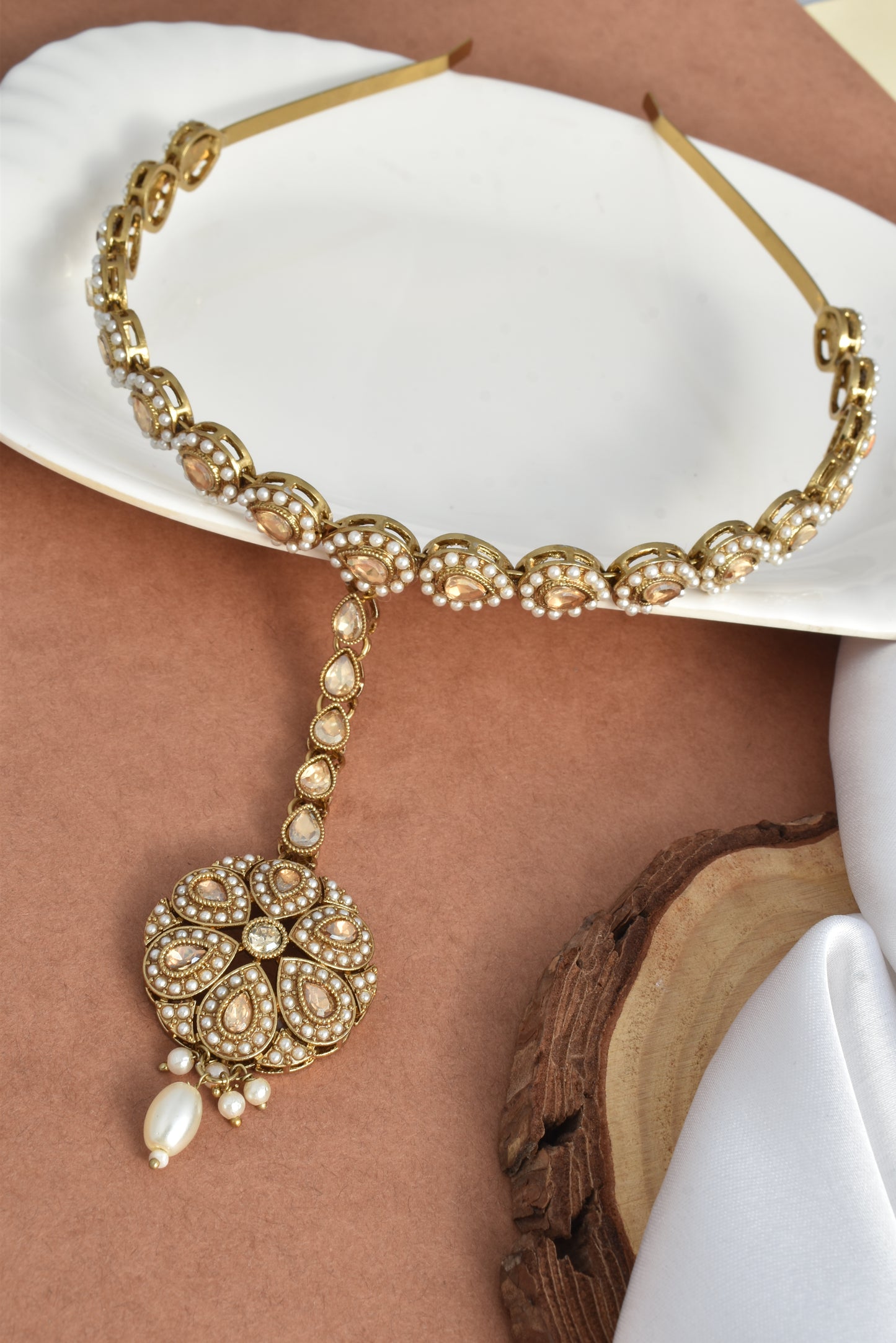 Women's Traditional Pearl & Stone Studded Ethnic Maang Tikka Hair Band