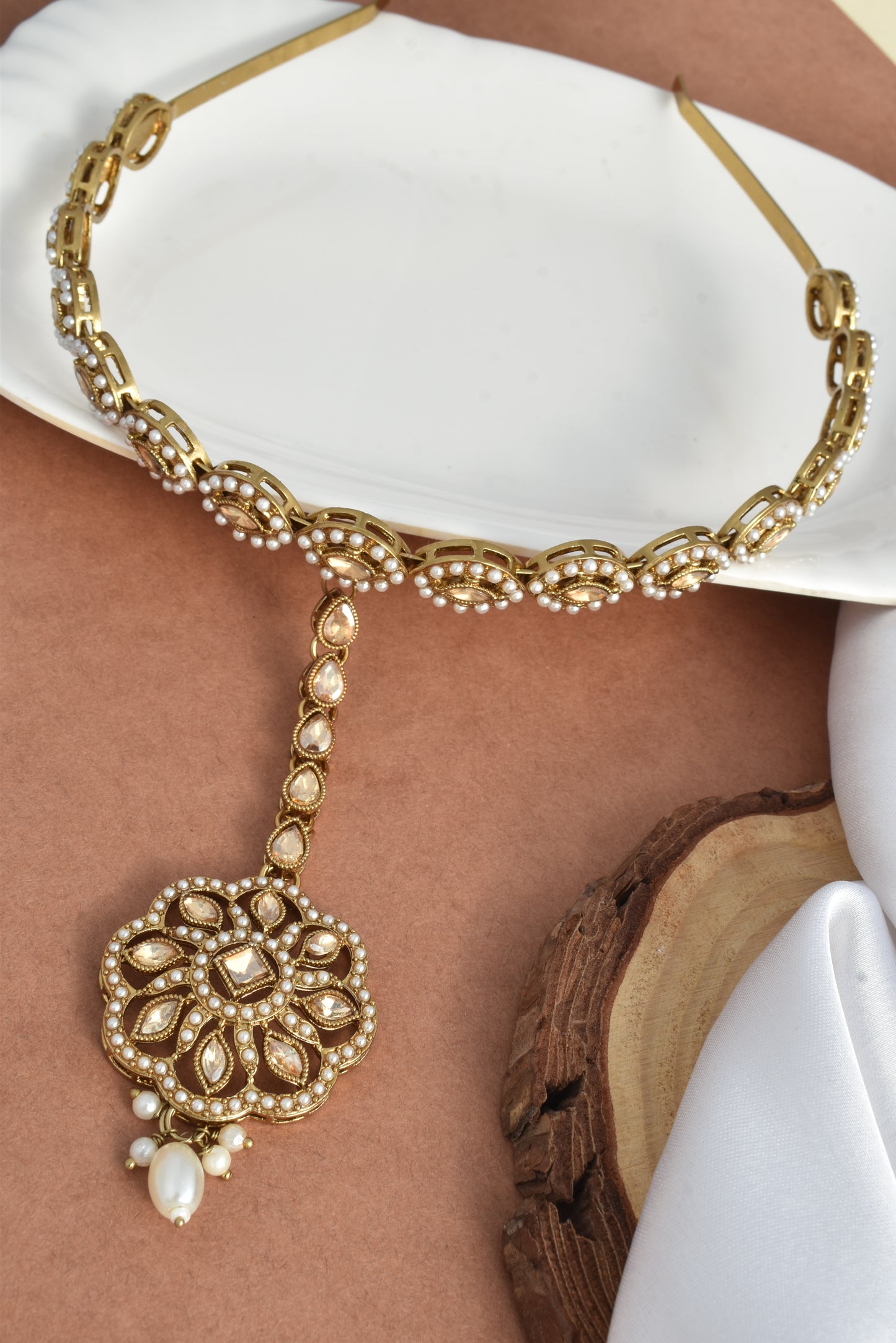 Women's Traditional Pearl & Stone Studded Ethnic Maang Tikka Hair Band