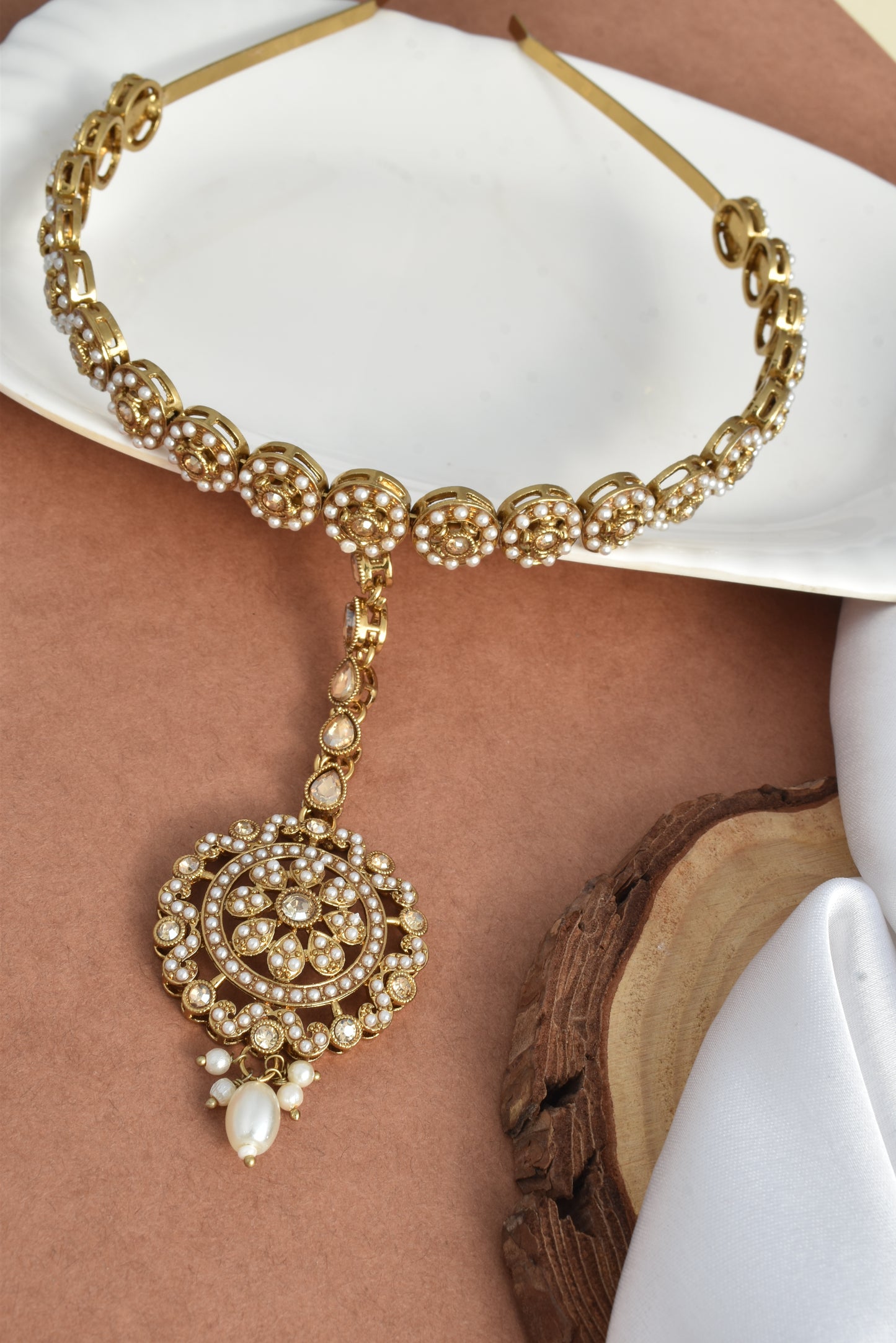 Women's Traditional Pearl & Stone Studded Ethnic Maang Tikka Hair Band