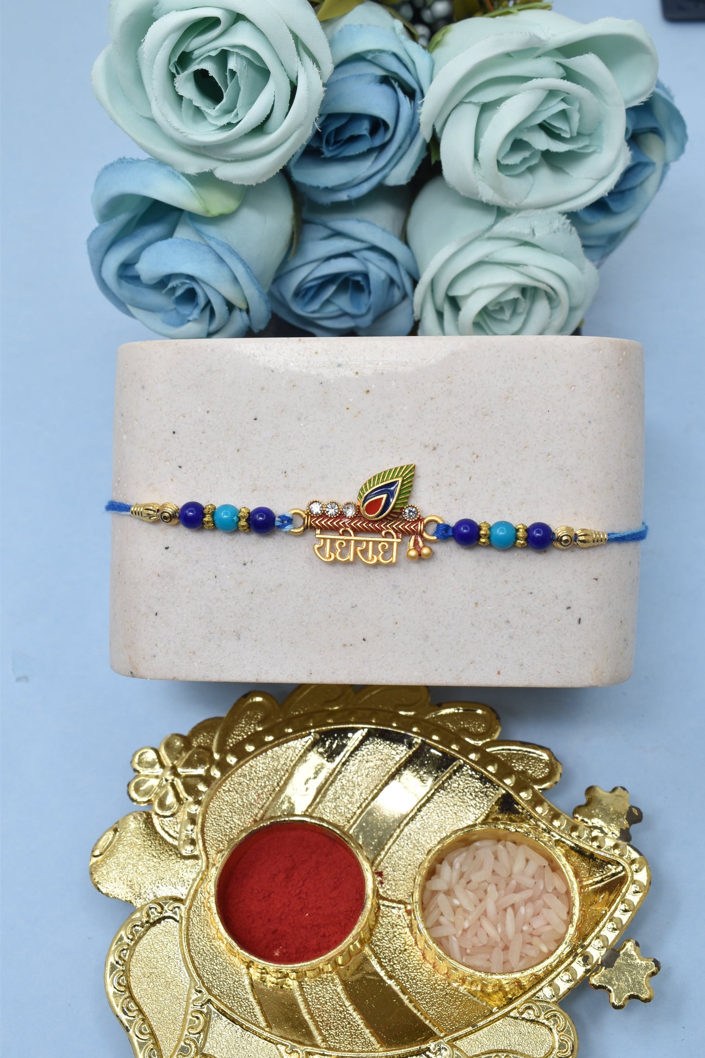 Rakhi Radhe Radhe Rakhi with Red Beads Rakhis Set of 5 Rakhi with Pack of Roli Chawal n Card |rakhi for brother|Bhaiya Rakhi | Kids rakhi |Rakhi for kids|Rakhi for Bhaiya