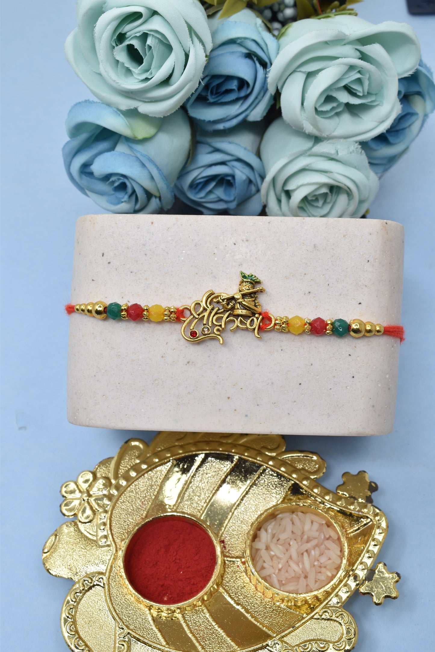 Rakhis, Jay Shree Krishna With Bansuri Rakhis 1 Rakhi Made from Cotton Threds with Pack of Roli Chawal n Rakshabandhan Greetings Card |rakhi for brother|Bhaiya Rakhi | Kids rakhi |Rakhi for kids|Rakhi for Bhaiya