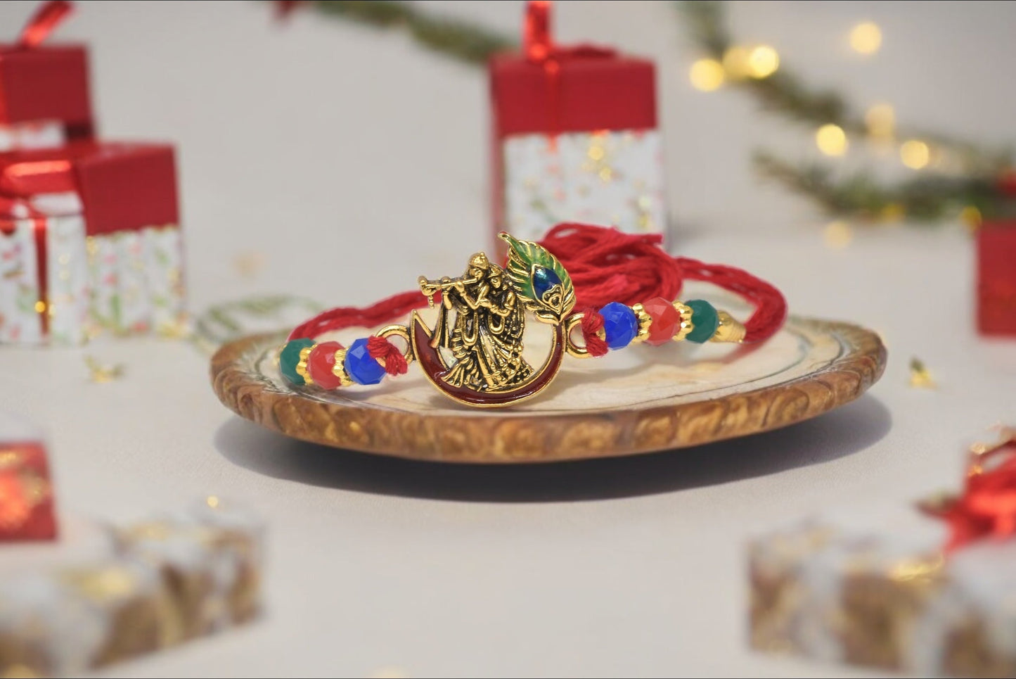 Rakhis, Shree Radha-Krishna With Bansuri N Morpankh Multicolored Rakhis Set of 2 Rakhi Made from Cotton Threds with Pack of Roli Chawal n Rakshabandhan Greetings Card |rakhi for brother|Bhaiya Rakhi | Kids rakhi |Rakhi for kids|Rakhi for Bhaiya