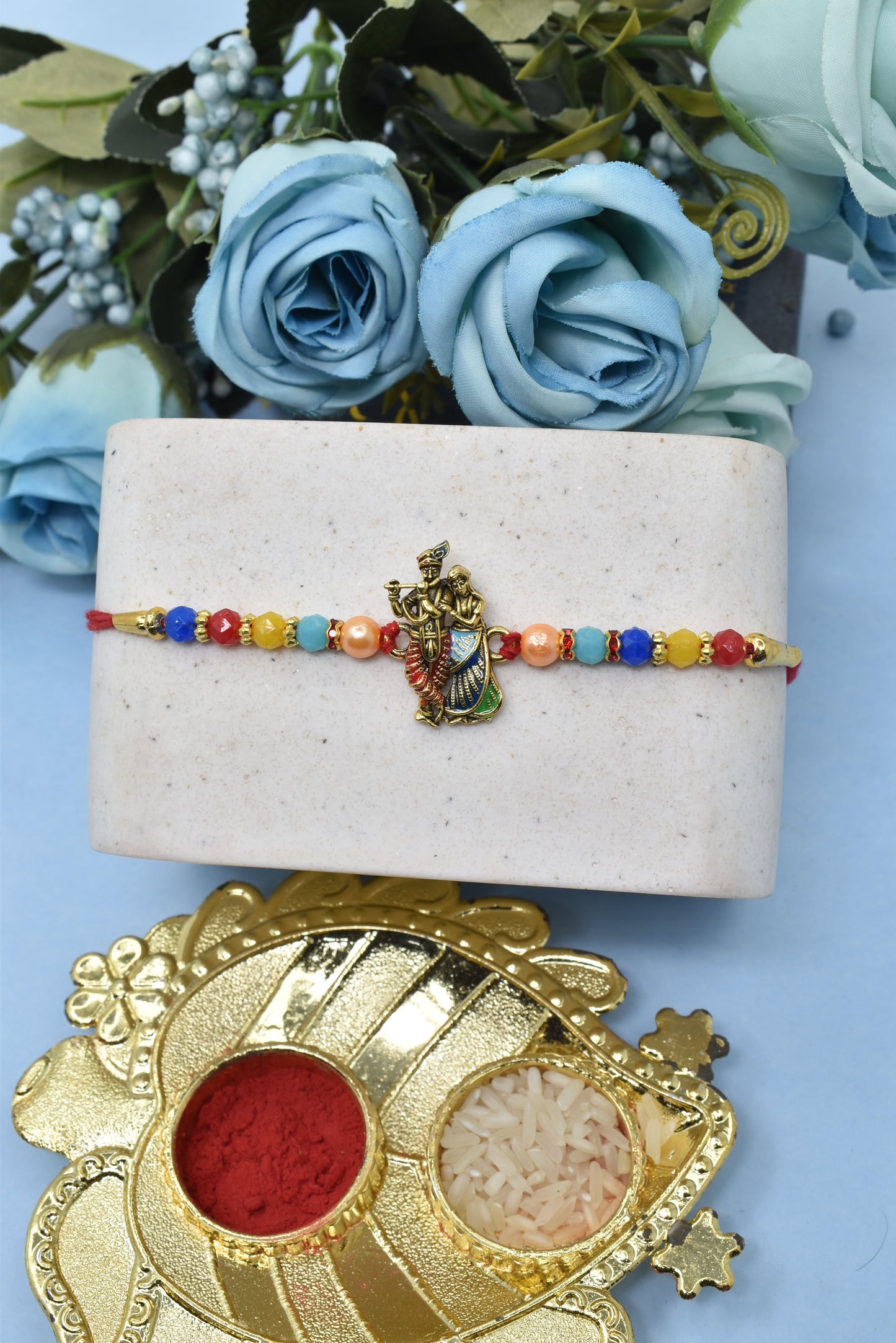 Divine Shree Radha-Krishna With Bansuri N Morpankh Gold plated Multicolored Rakhis 1 Rakhi Made from Cotton Threds with Pack of Roli Chawal n Rakshabandhan Greetings Card |rakhi for brother|Bhaiya Rakhi | Kids rakhi |Rakhi for kids|Rakhi for Bhaiya