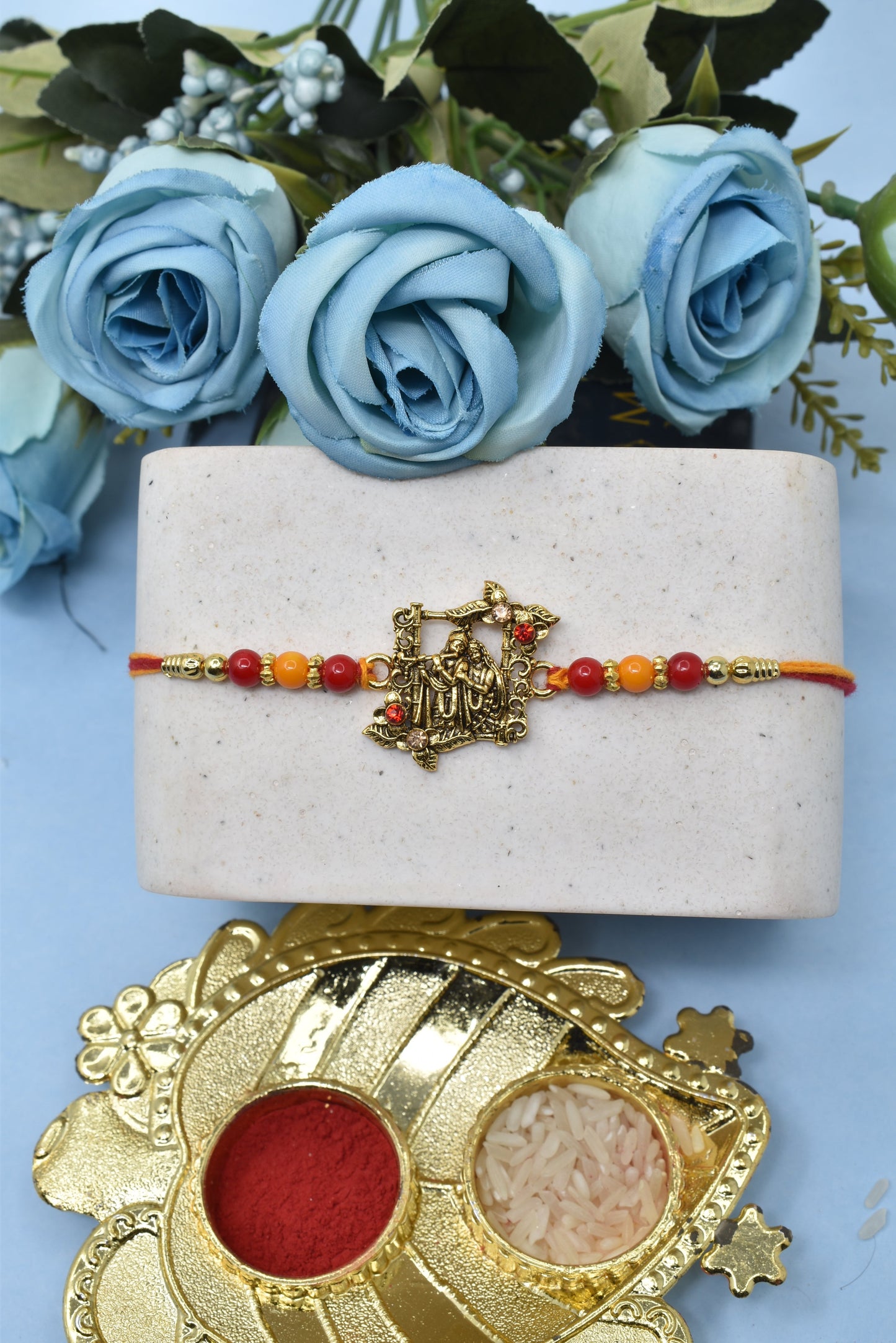 Divine Shree Radha-Krishna With Bansuri Gold plated Multicolored Rakhis 1 Rakhi Made from Cotton Threds with Pack of Roli Chawal n Rakshabandhan Greetings Card |rakhi for brother|Bhaiya Rakhi | Kids rakhi |Rakhi for kids|Rakhi for Bhaiya