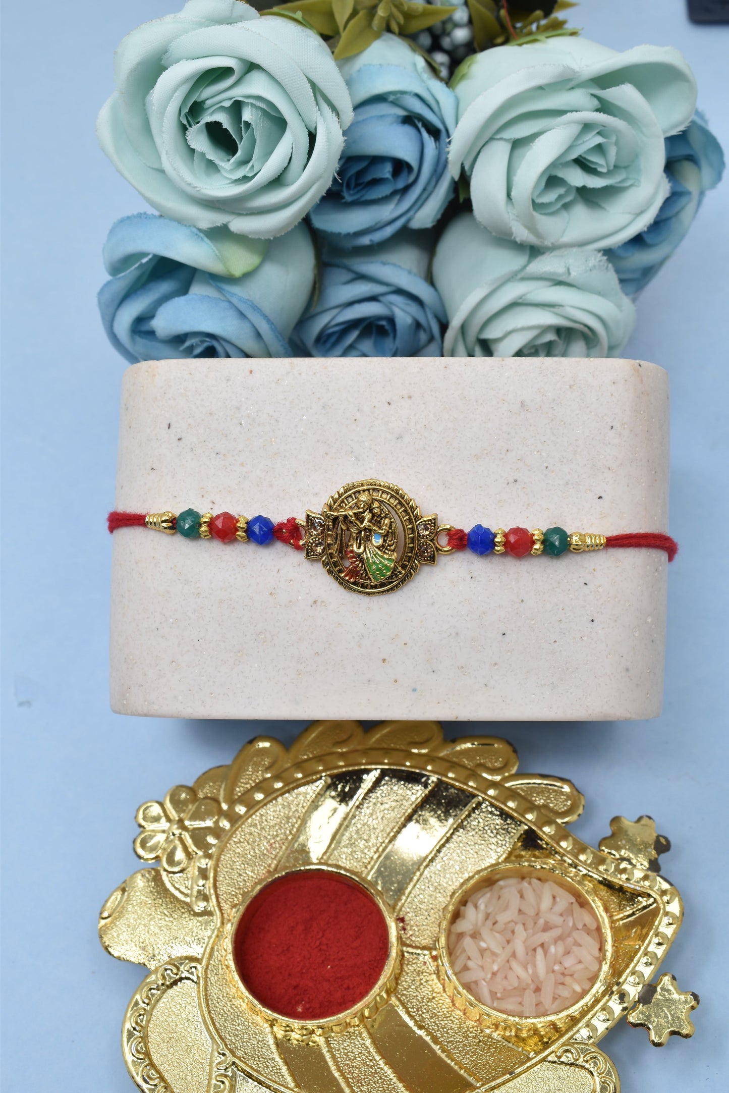 Divine Shree Radha-Krishna With Bansuri Gold plated CZ Multicolored Rakhis Set of 3 Rakhi with Pack of Roli Chawal n Card |rakhi for brother|Bhaiya Rakhi | Kids rakhi |Rakhi for kids|Rakhi for Bhaiya