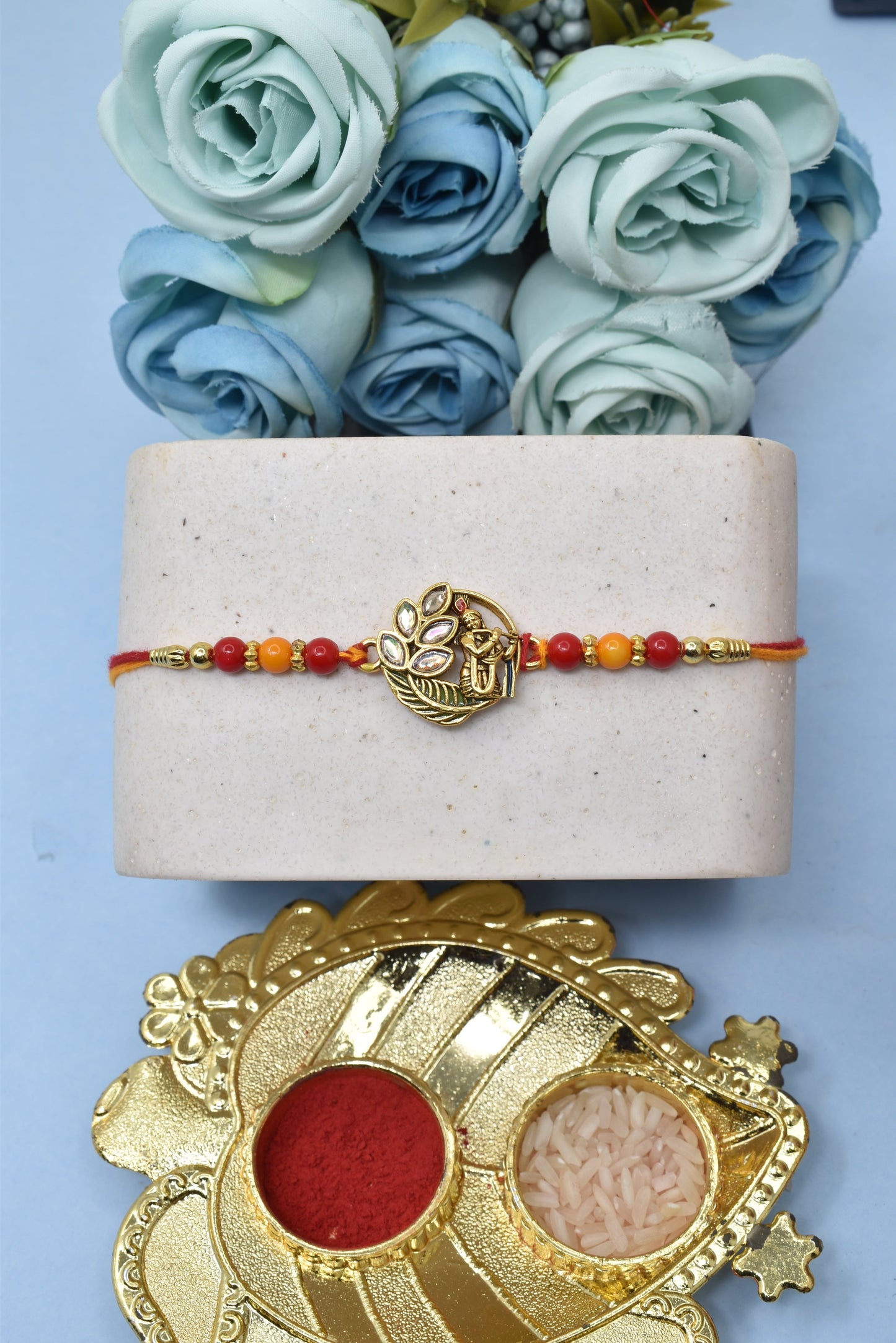 Divine Shree krihna Kundan Multicolored Rakhis Set of 5 Rakhi with Pack of Roli Chawal n Card |rakhi for brother|Bhaiya Rakhi | Kids rakhi |Rakhi for kids|Rakhi for Bhaiya