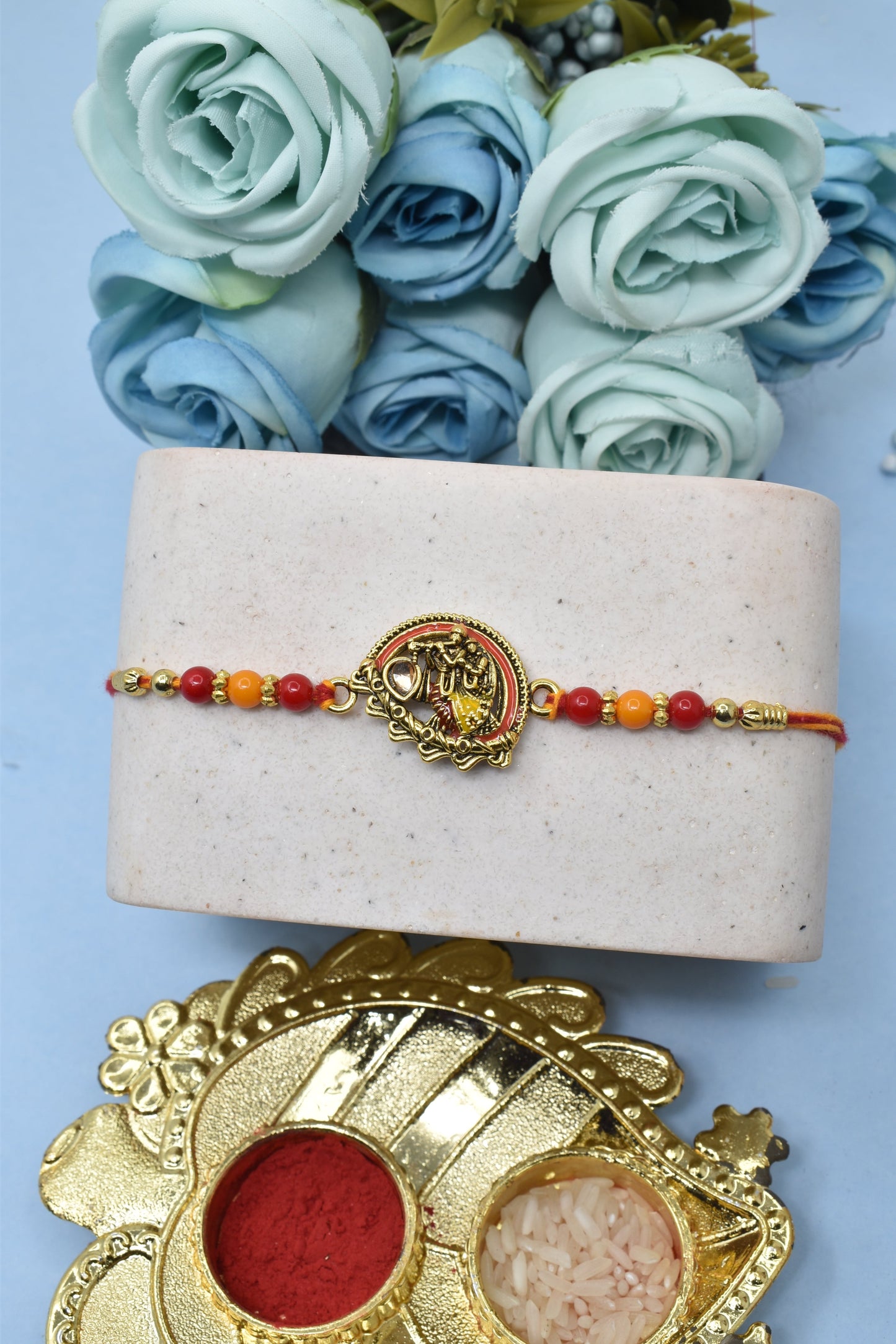 Divine Radha-Shree krihna Kundan Multicolored Rakhis Set of 5 Rakhi with Pack of Roli Chawal n Card |rakhi for brother|Bhaiya Rakhi | Kids rakhi |Rakhi for kids|Rakhi for Bhaiya