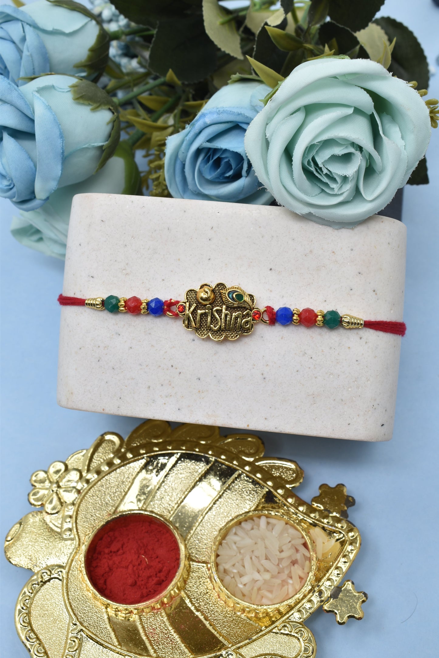 Ethnic Jay Shree Krishna with Morpaankh Kundan Multicolored Rakhis 1 Rakhi Made from Cotton Threds with Pack of Roli Chawal n Rakshabandhan Greetings Card |rakhi for brother|Bhaiya Rakhi | Kids rakhi |Rakhi for kids|Rakhi for Bhaiya