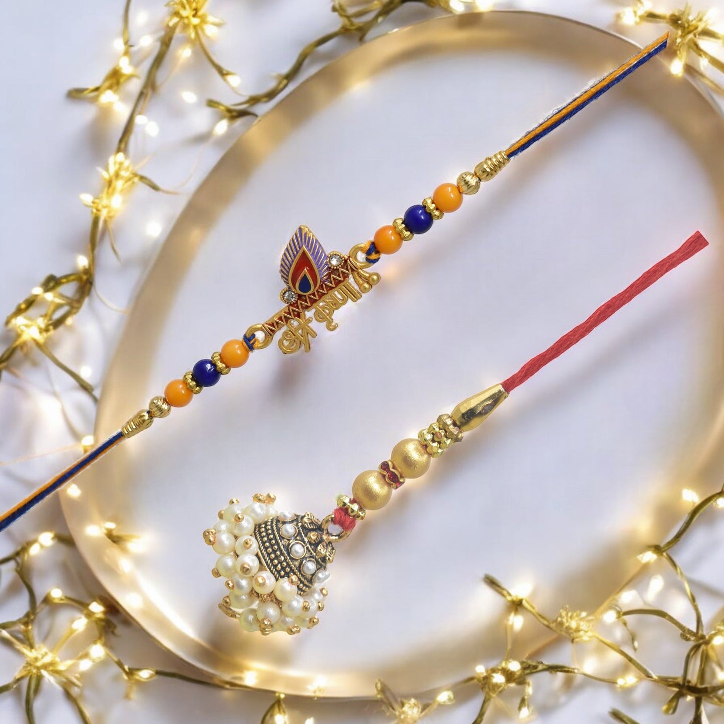 Traditional Krishna Design Bhaiya Bhabhi Rakhi Set ,Exquisite Set of 2 Rakhi for Brother on Raksha Bandhan