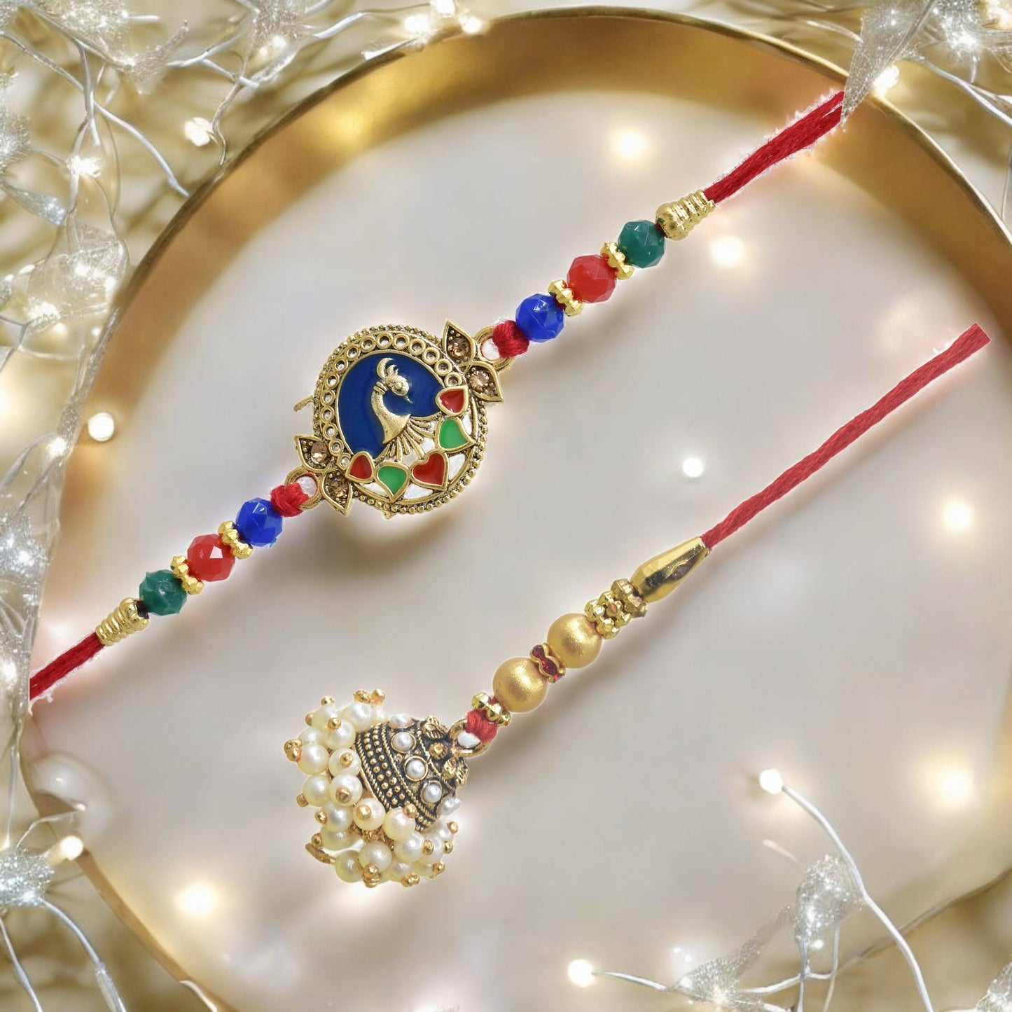 पारंपरिक मोर डिजाइन भैया भाभी राखी सेट, रक्षाबंधन पर भाई के लिए 2 राखी का उत्तम सेट