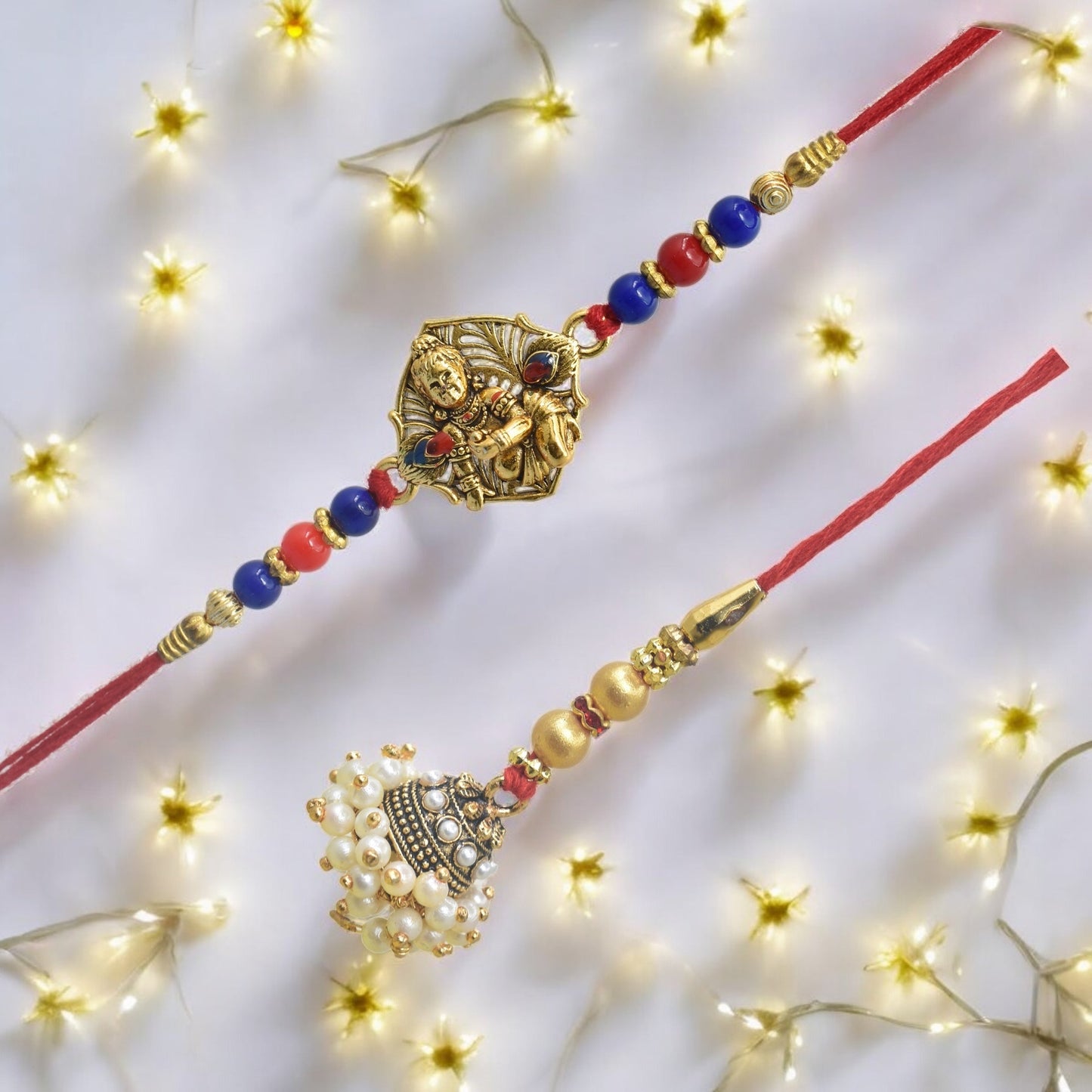 पारंपरिक कृष्णा डिज़ाइन भैया भाभी राखी सेट, रक्षाबंधन पर भाई के लिए 2 राखी का उत्तम सेट