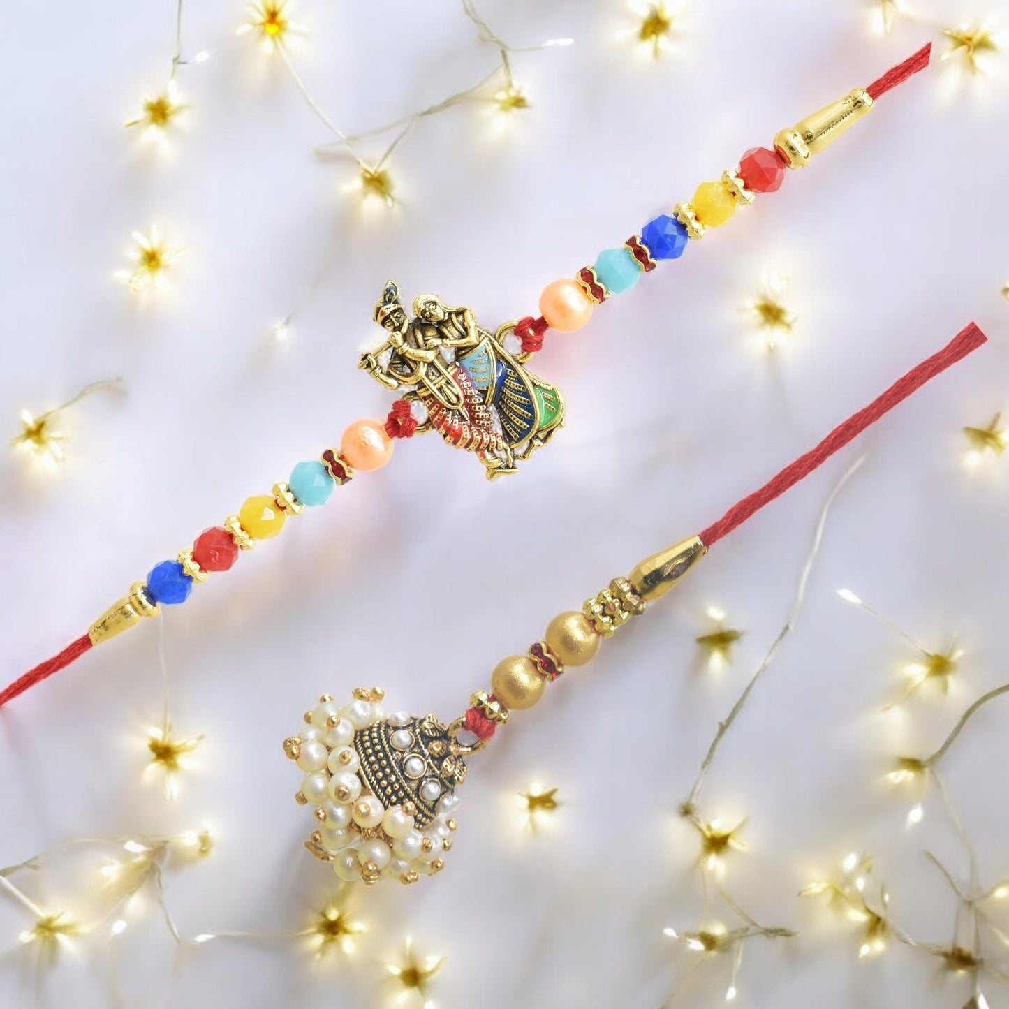 पारंपरिक राधा कृष्ण डिज़ाइन भैया भाभी राखी सेट, रक्षाबंधन पर भाई के लिए 2 राखी का उत्तम सेट