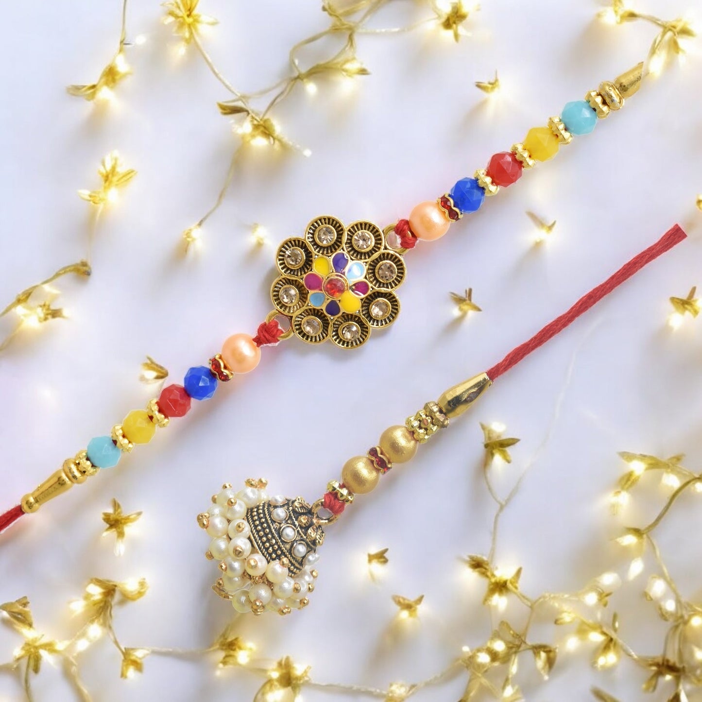 पारंपरिक फूल डिजाइन भैया भाभी राखी सेट, रक्षाबंधन पर भाई के लिए 2 राखी का उत्तम सेट