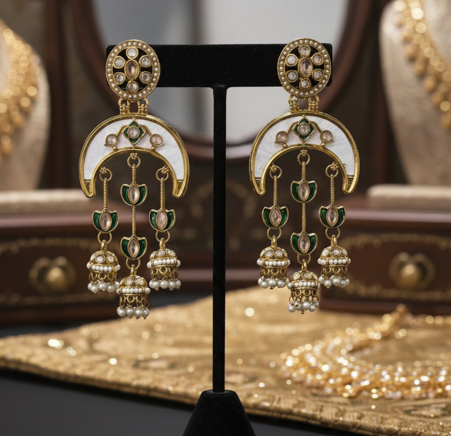 kundan jhumka,meenakari earrings,kahmiri earring,chandbali,chandelier earrings, dome jhumkas,pearl cluster jhumka, long earrings,heavy earrings,big earrings,designer earrings,latest design,new design