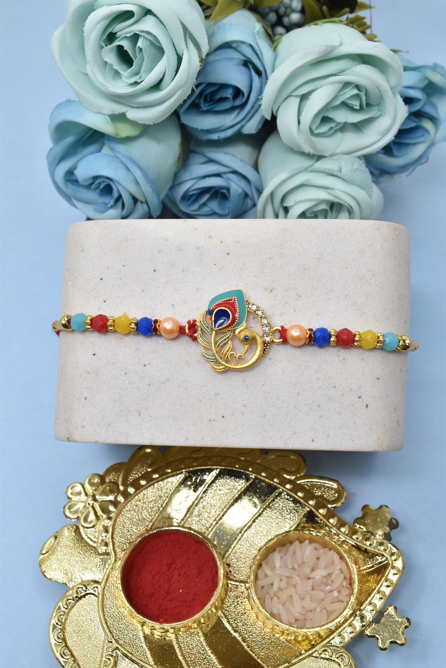 Rakhi Multicolored Pecock AD Diamond rakhis Rakhi with Blue Beads Rakhis Set of 3 Rakhi with Pack of Roli Chawal n Card |rakhi for brother|Bhaiya Rakhi | Kids rakhi |Rakhi for kids|Rakhi for Bhaiya