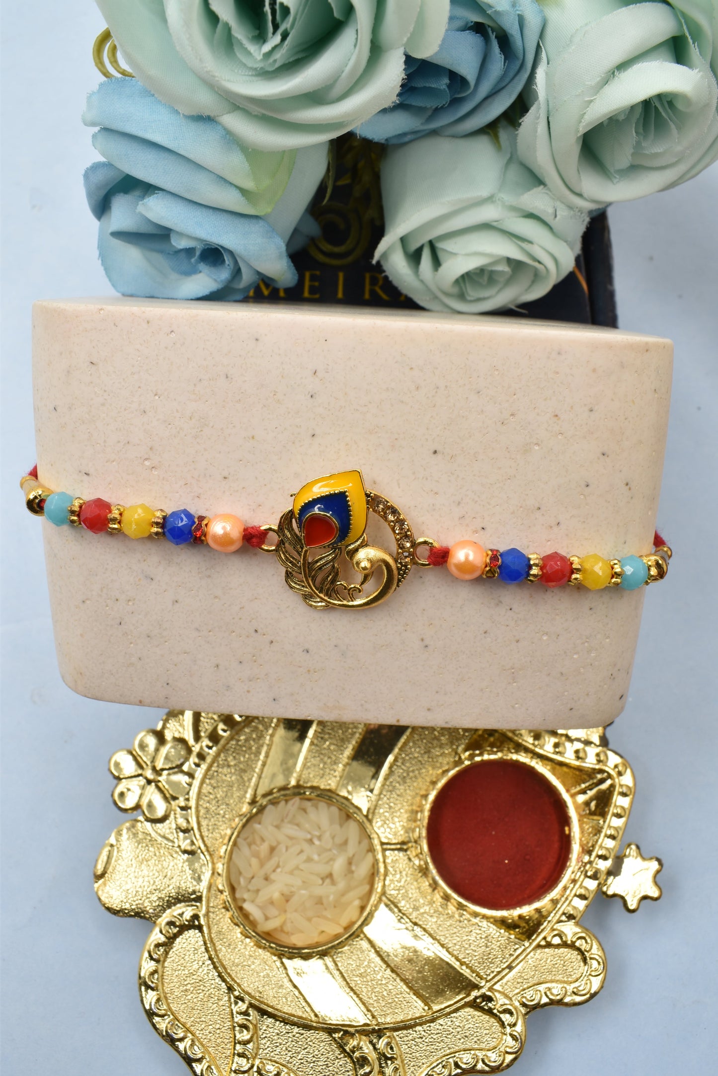 Rakhi Multicolored Pecock CZ stone rakhis Rakhi with Blue Beads Rakhis 1 Rakhi Made from Cotton Threds with Pack of Roli Chawal n Rakshabandhan Greetings Card |rakhi for brother|Bhaiya Rakhi | Kids rakhi |Rakhi for kids|Rakhi for Bhaiya