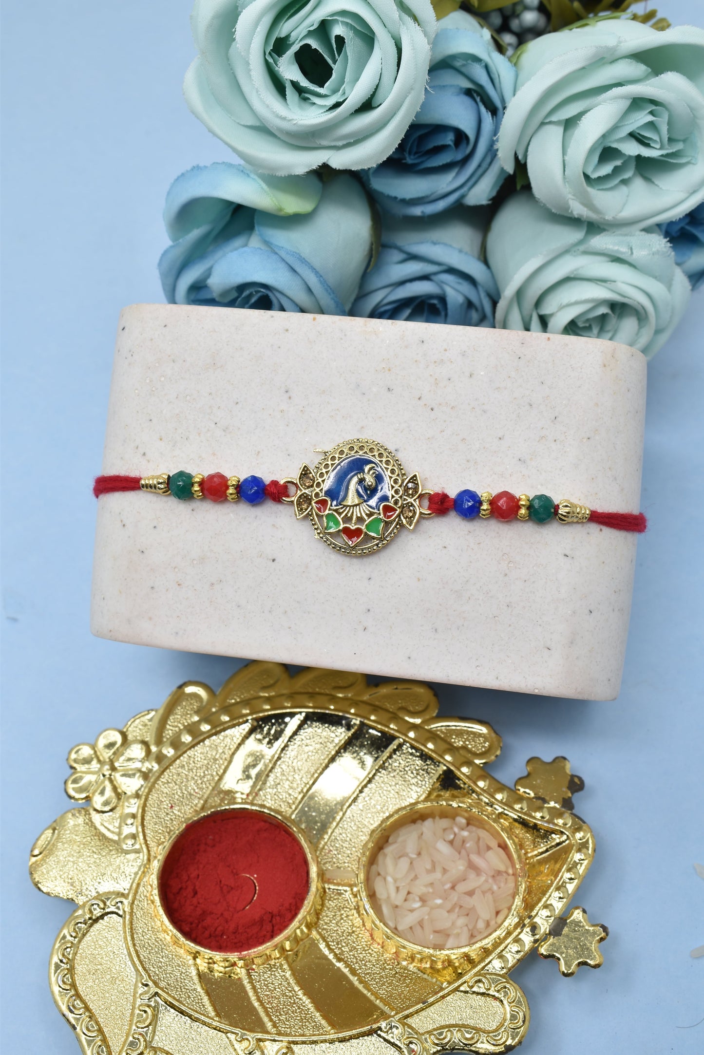 Ethnic Peacock Morpaankh AD Kundan Stone Multicolored Meenakari Rakhis 1 Rakhi Made from Cotton Threds with Pack of Roli Chawal n Rakshabandhan Greetings Card |rakhi for brother|Bhaiya Rakhi | Kids rakhi |Rakhi for kids|Rakhi for Bhaiya
