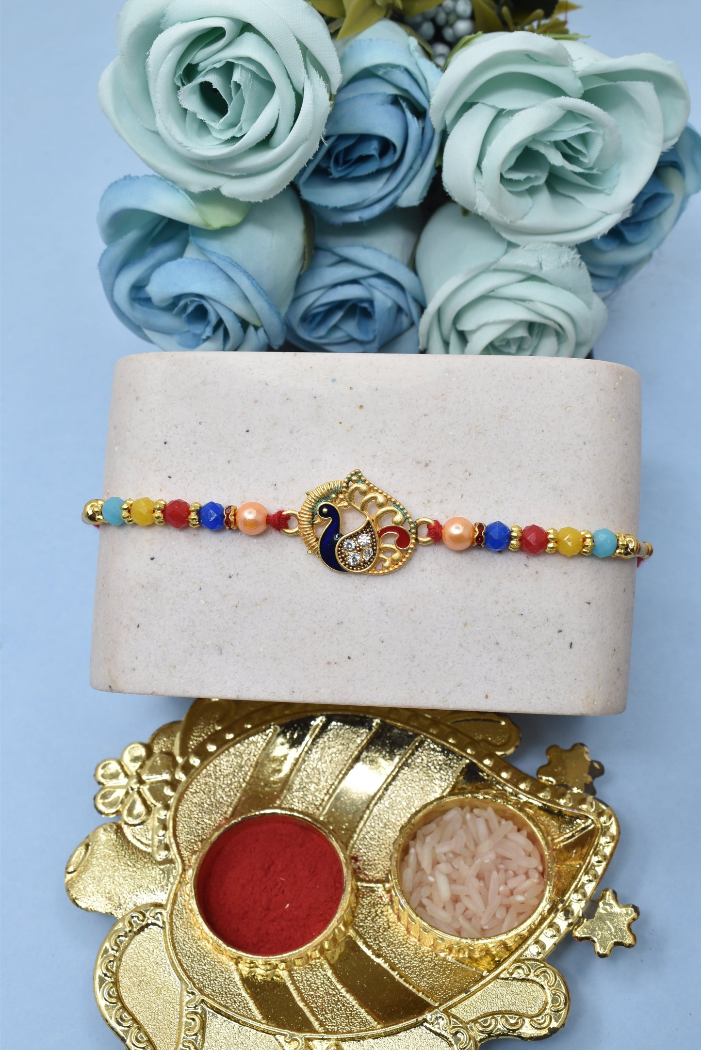 Simple Peacock Morpaankh AD Kundan Stone Multicolored Blue Meenakari Rakhis Set of 2 Rakhi Made from Cotton Threds with Pack of Roli Chawal n Rakshabandhan Greetings Card |rakhi for brother|Bhaiya Rakhi | Kids rakhi |Rakhi for kids|Rakhi for Bhaiya