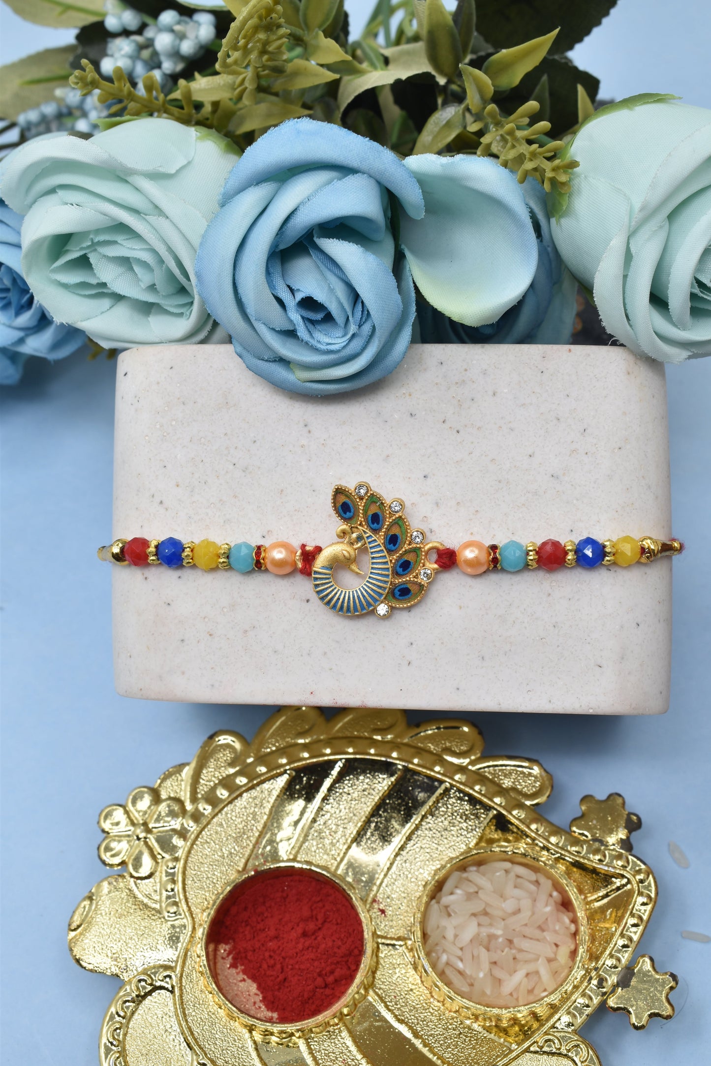 Designer Peacock Morpaankh AD Kundan Stone Multicolored Meenakari Rakhis 1 Rakhi Made from Cotton Threds with Pack of Roli Chawal n Rakshabandhan Greetings Card |rakhi for brother|Bhaiya Rakhi | Kids rakhi |Rakhi for kids|Rakhi for Bhaiya