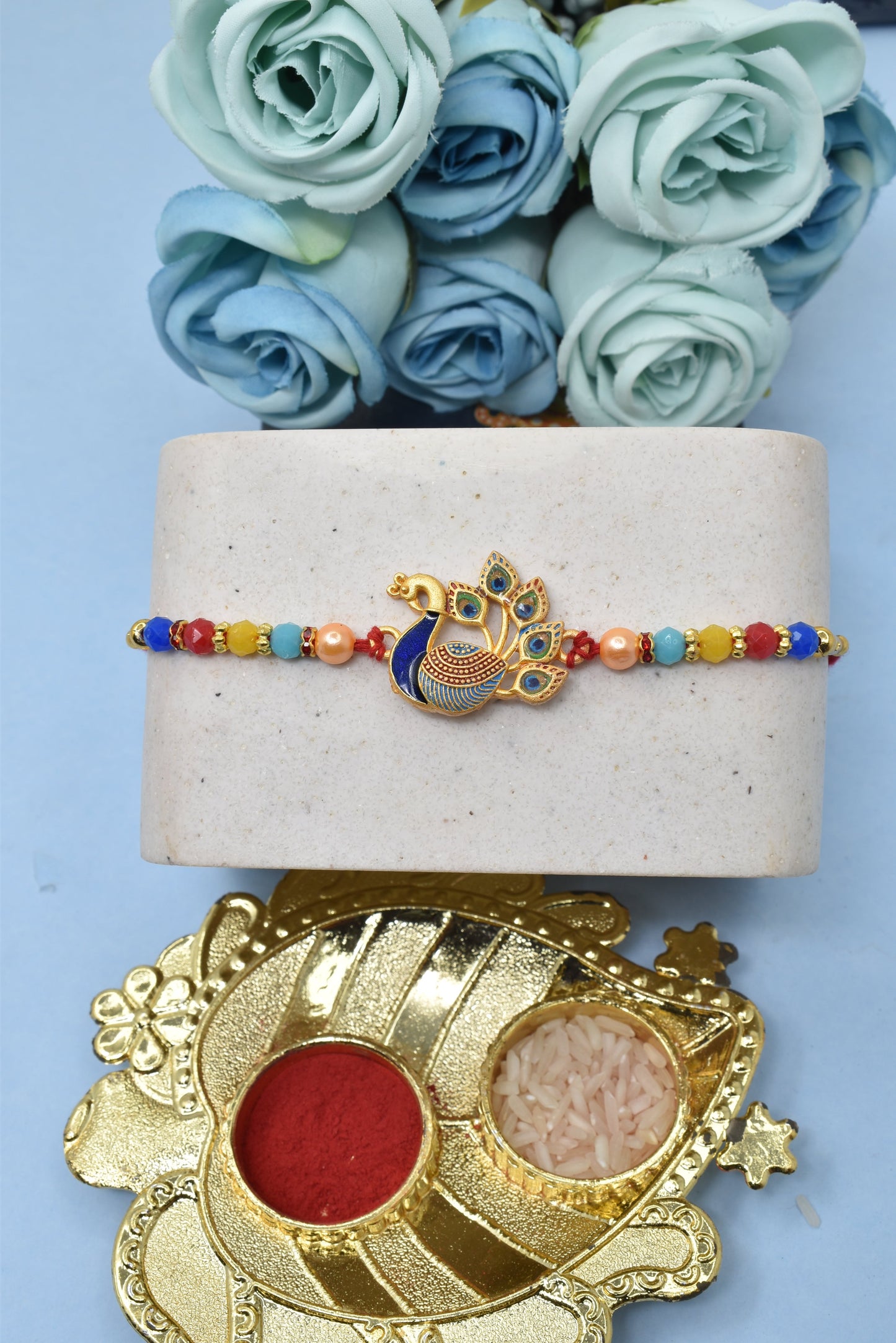 Heavy Designer Beautiful Peacock Morpaankh AD Kundan Stone Multicolored Rakhis Set of 5 Rakhi with Pack of Roli Chawal n Card |rakhi for brother|Bhaiya Rakhi | Kids rakhi |Rakhi for kids|Rakhi for Bhaiya