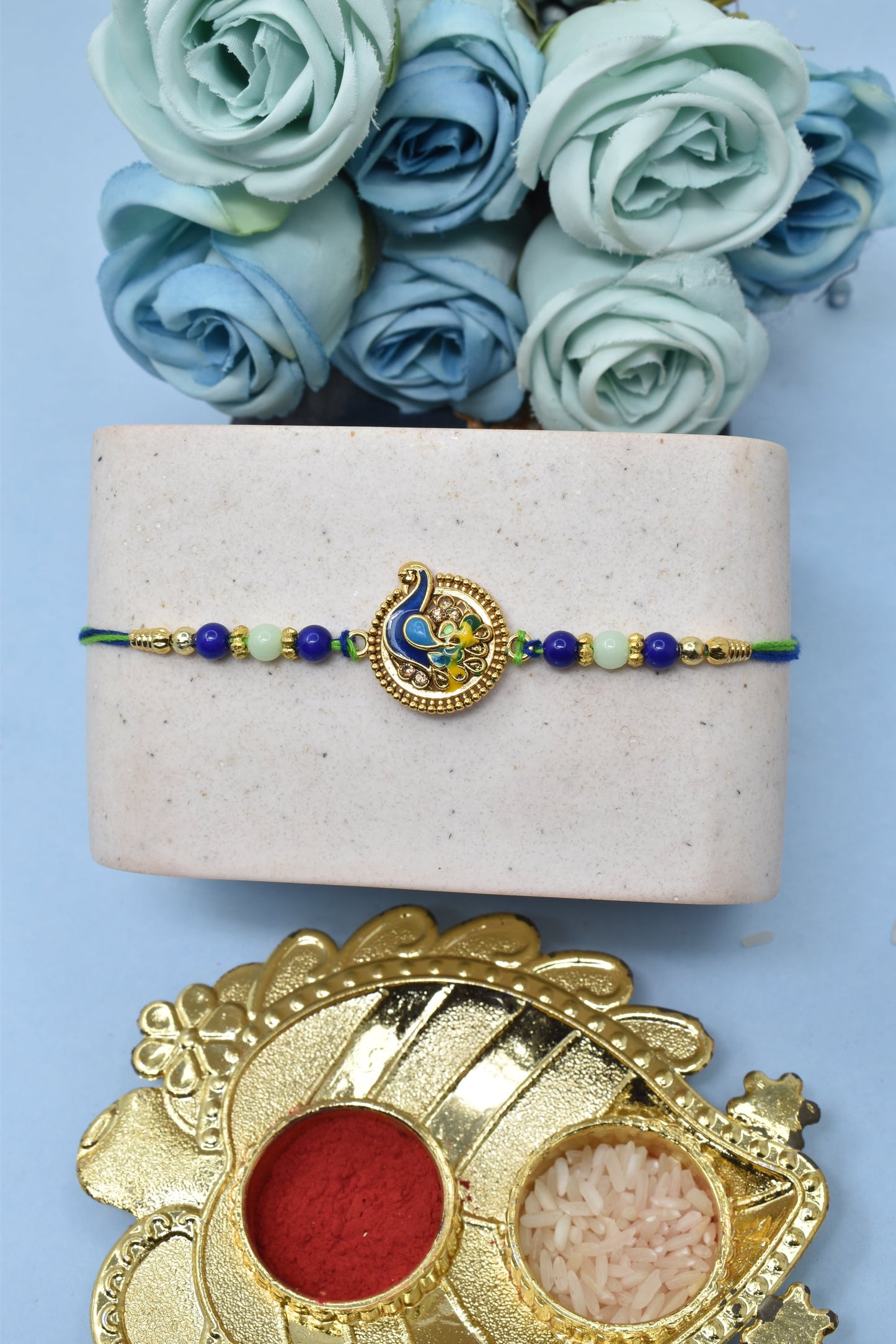 Beautiful Round Peacock on Lotus Morpaankh Kundan AD Stone Multicolored Rakhis Set of 2 Rakhi Made from Cotton Threds with Pack of Roli Chawal n Rakshabandhan Greetings Card |rakhi for brother|Bhaiya Rakhi | Kids rakhi |Rakhi for kids|Rakhi for Bhaiya