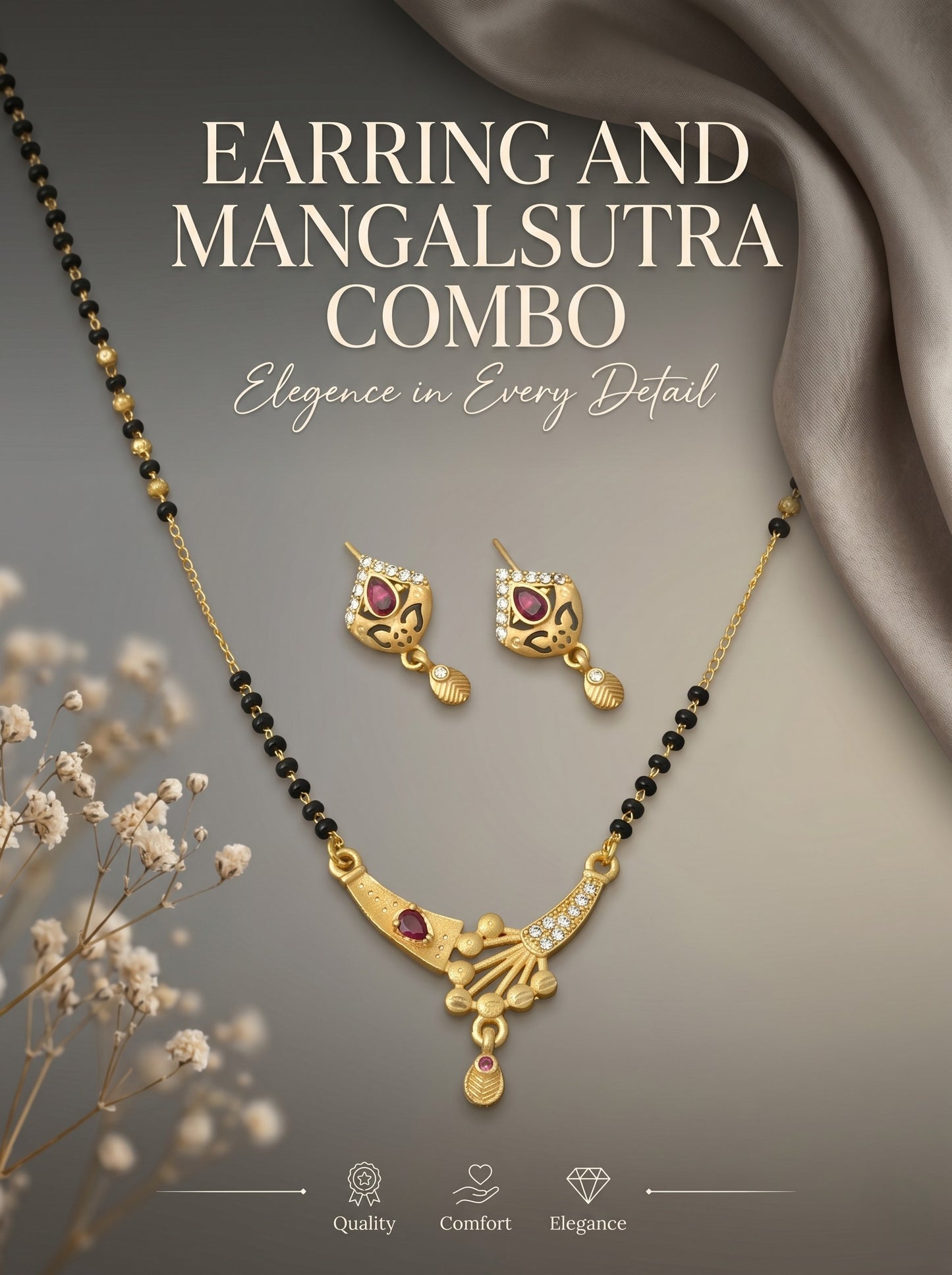 Gold-Toned Stone Studded Mangalsutra with Matching Earrings Combo Set
