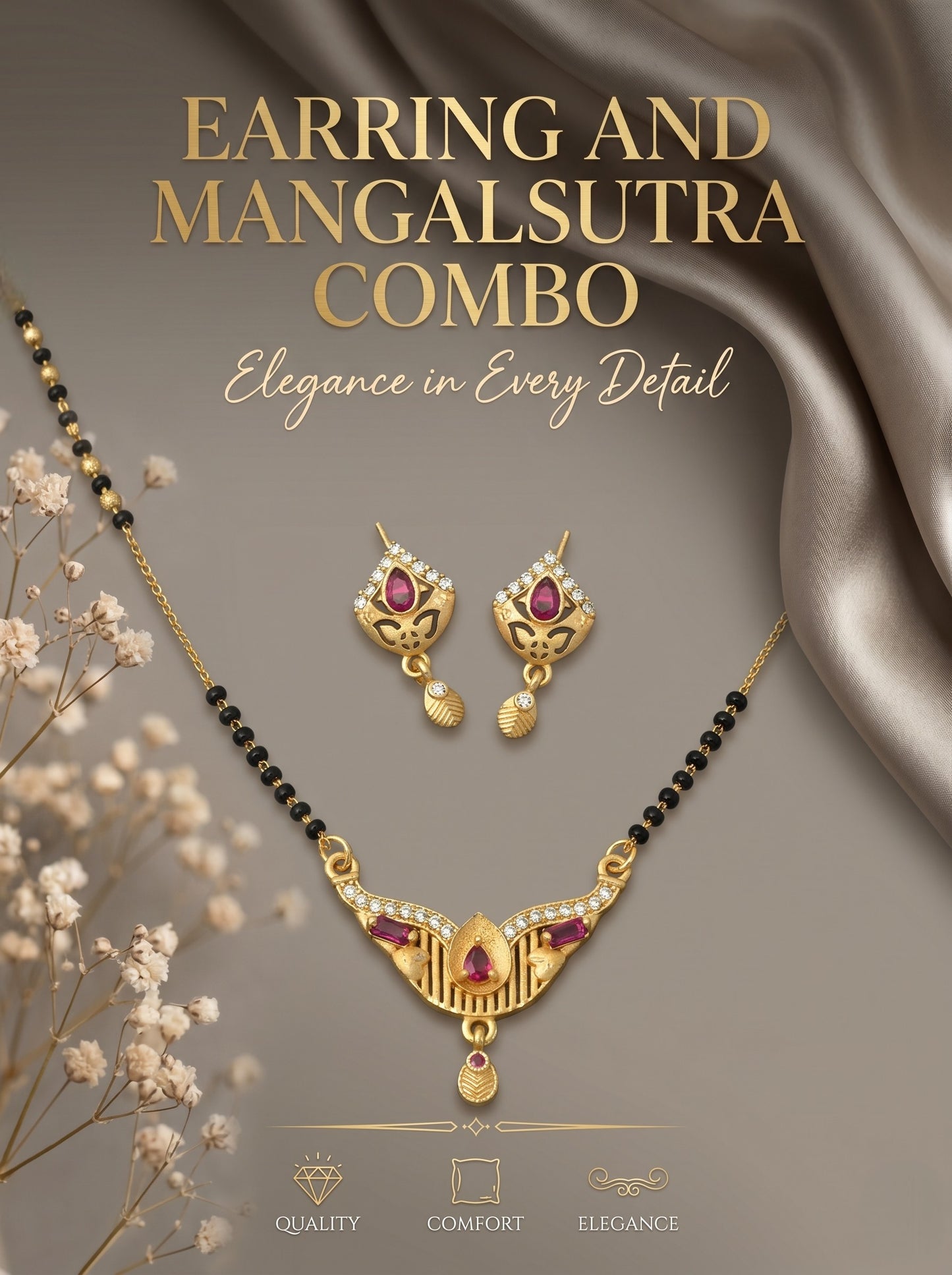 Gold-Toned Stone Studded Mangalsutra with Matching Earrings Combo Set