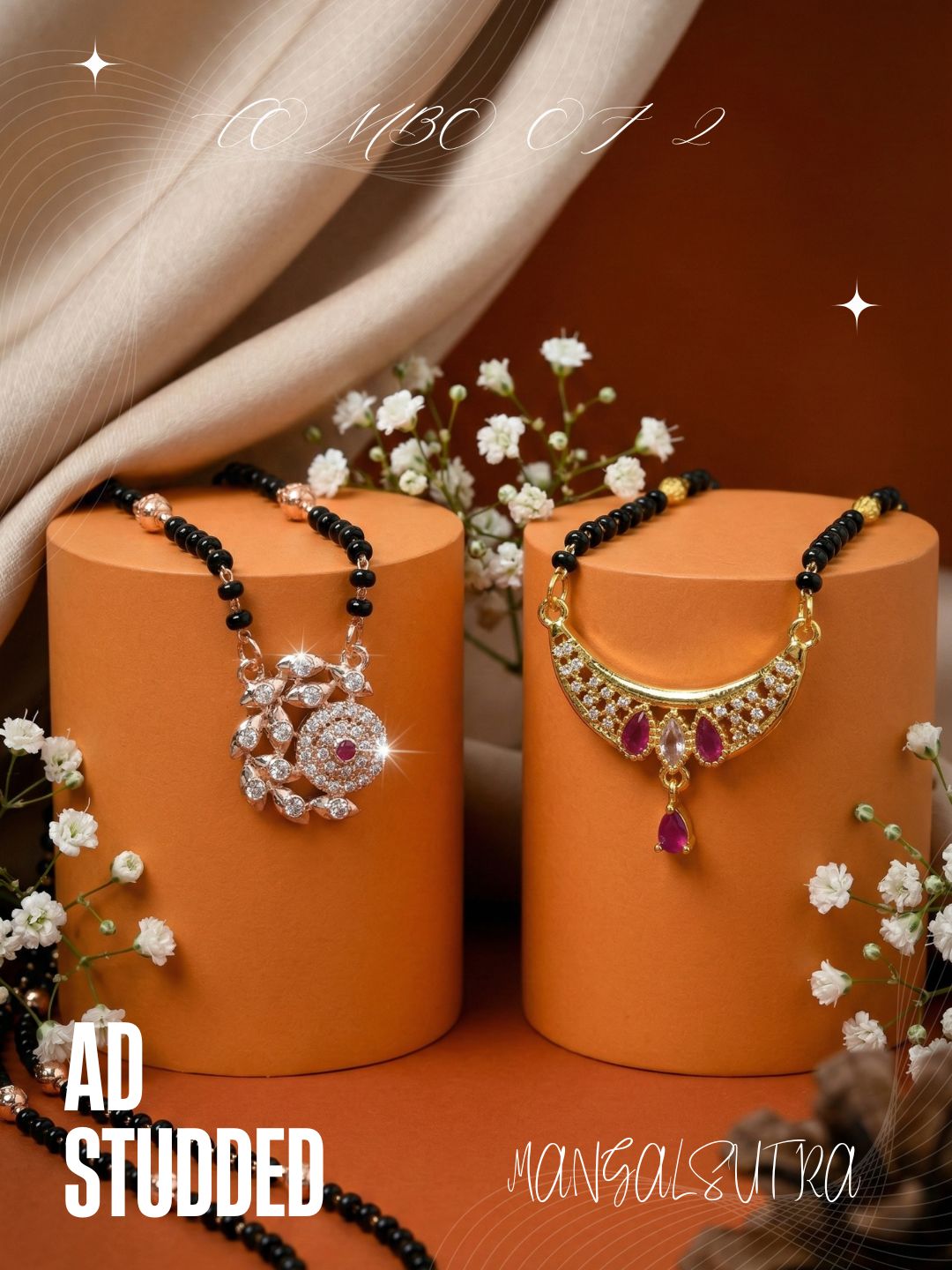 Meira Jewellery Traditional Black Bead Combo Mangalsutra Necklace for Women, Gold & Rose Gold Plated CZ Stone Stylish Mangalsutra Pendant Chain for Daily & Festive Ethnic Set of 2 Tanmaniya-01