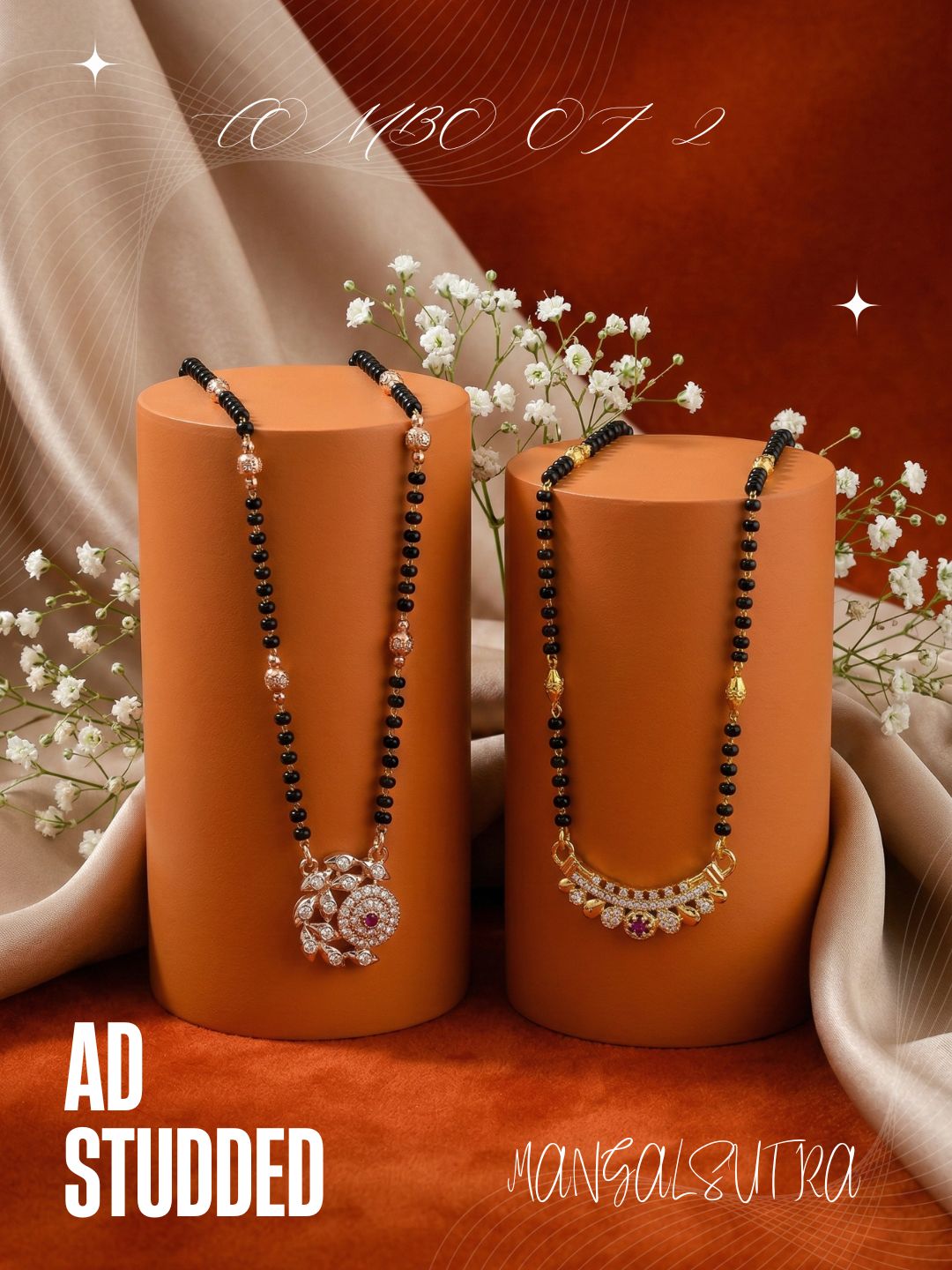 Meira Jewellery Traditional Black Bead Combo Mangalsutra Necklace for Women, Gold & Rose Gold Plated CZ Stone Stylish Mangalsutra Pendant Chain for Daily & Festive Ethnic Set of 2 Tanmaniya-08