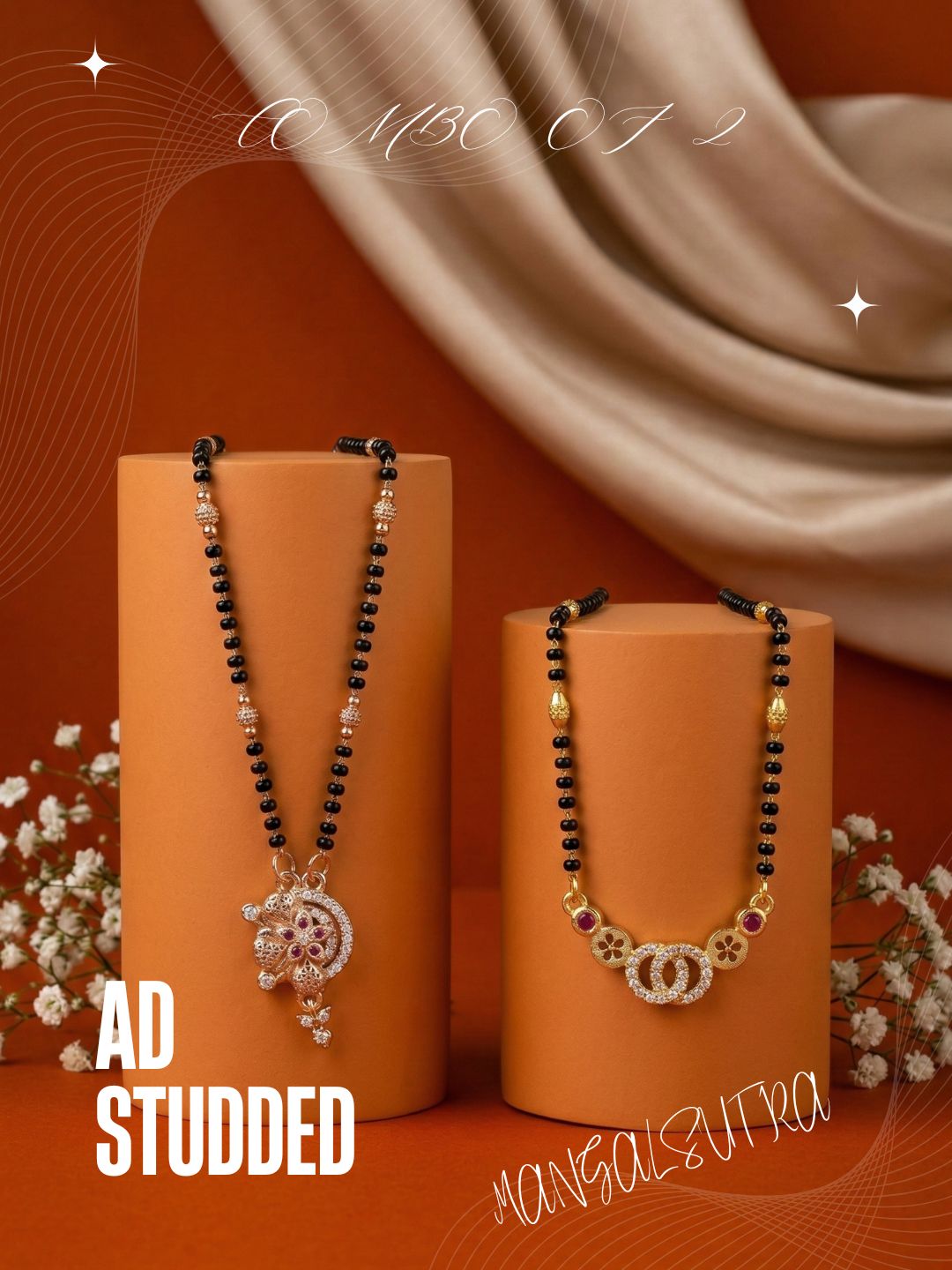 Meira Jewellery Traditional Black Bead Combo Mangalsutra Necklace for Women, Gold & Rose Gold Plated CZ Stone Stylish Mangalsutra Pendant Chain for Daily & Festive Ethnic Set of 2 Tanmaniya-12