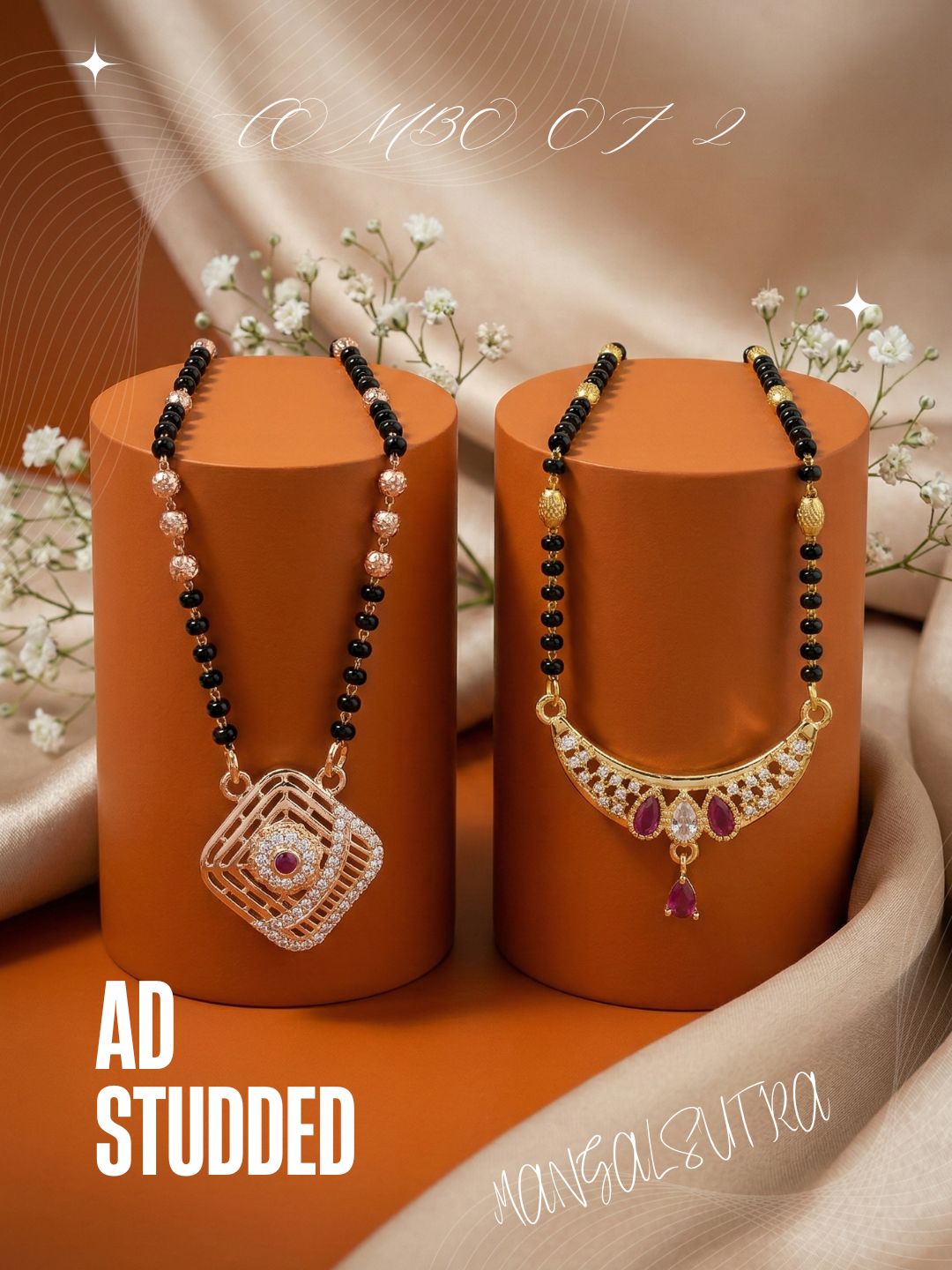 Meira Jewellery Traditional Black Bead Combo Mangalsutra Necklace for Women, Gold & Rose Gold Plated CZ Stone Stylish Mangalsutra Pendant Chain for Daily & Festive Ethnic Set of 2 Tanmaniya-17