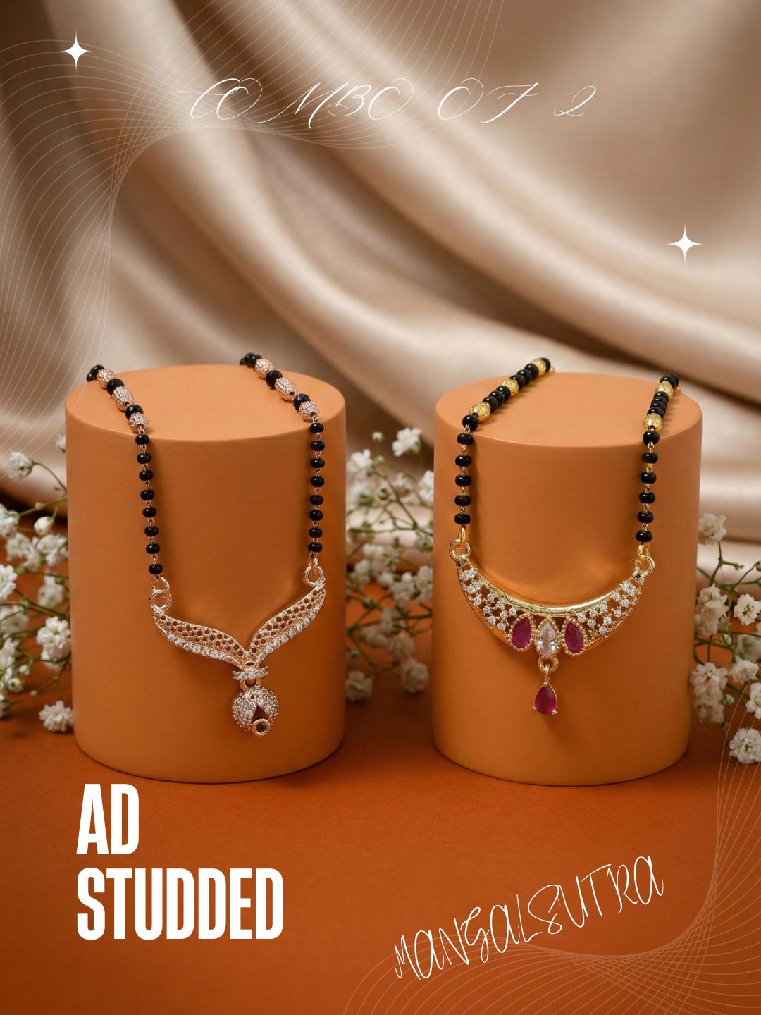 Meira Jewellery Traditional Black Bead Combo Mangalsutra Necklace for Women, Gold & Rose Gold Plated CZ Stone Stylish Mangalsutra Pendant Chain for Daily & Festive Ethnic Set of 2 Tanmaniya-33