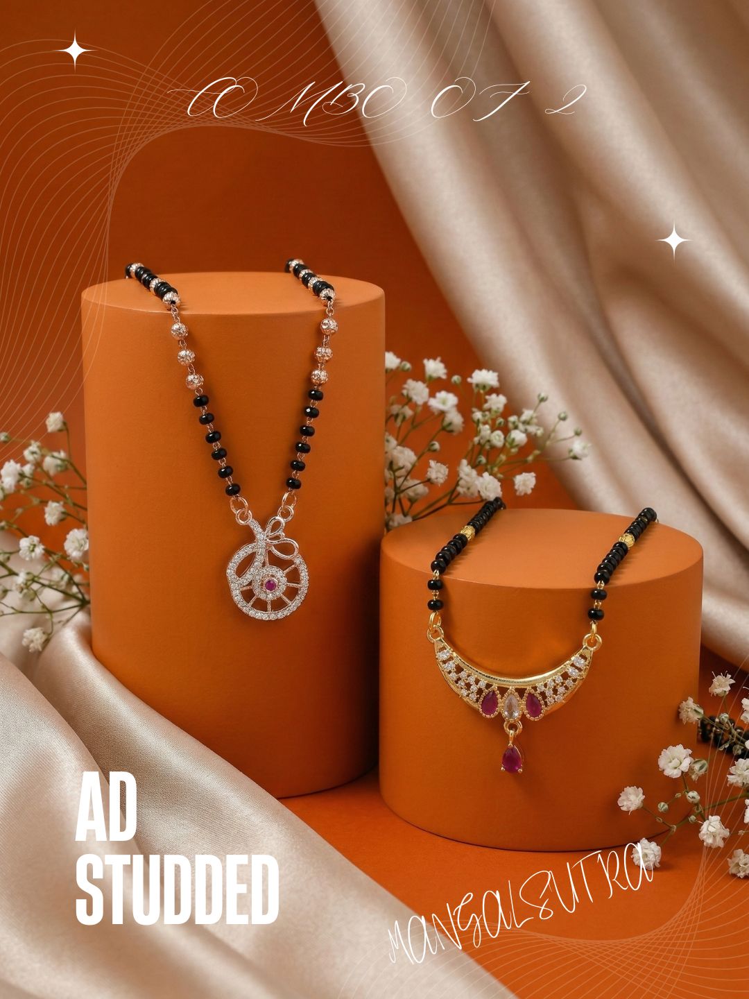 Meira Jewellery Traditional Black Bead Combo Mangalsutra Necklace for Women, Gold & Rose Gold Plated CZ Stone Stylish Mangalsutra Pendant Chain for Daily & Festive Ethnic Set of 2 Tanmaniya-49