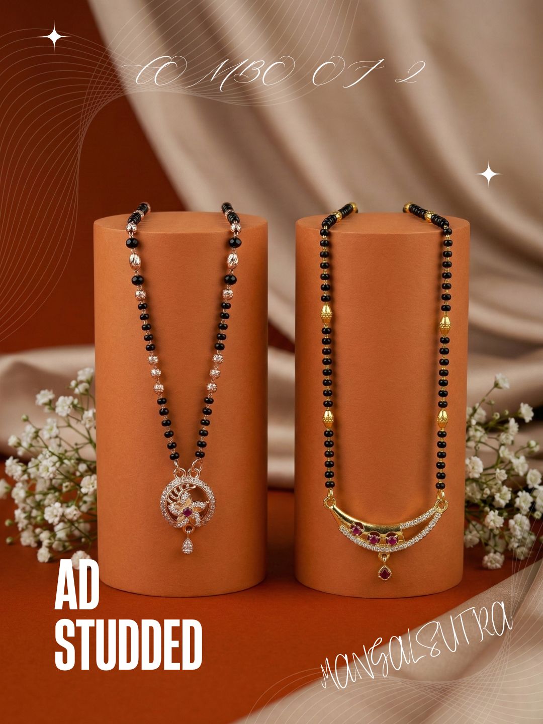 Meira Jewellery Traditional Black Bead Combo Mangalsutra Necklace for Women, Gold & Rose Gold Plated CZ Stone Stylish Mangalsutra Pendant Chain for Daily & Festive Ethnic Set of 2 Tanmaniya-69