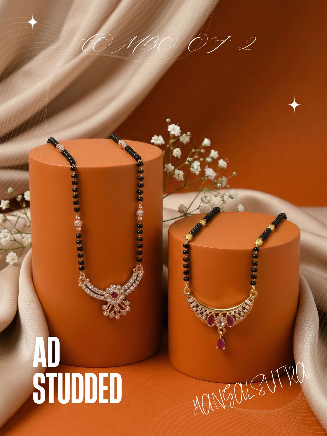 Meira Jewellery Traditional Black Bead Combo Mangalsutra Necklace for Women, Gold & Rose Gold Plated CZ Stone Stylish Mangalsutra Pendant Chain for Daily & Festive Ethnic Set of 2 Tanmaniya-80
