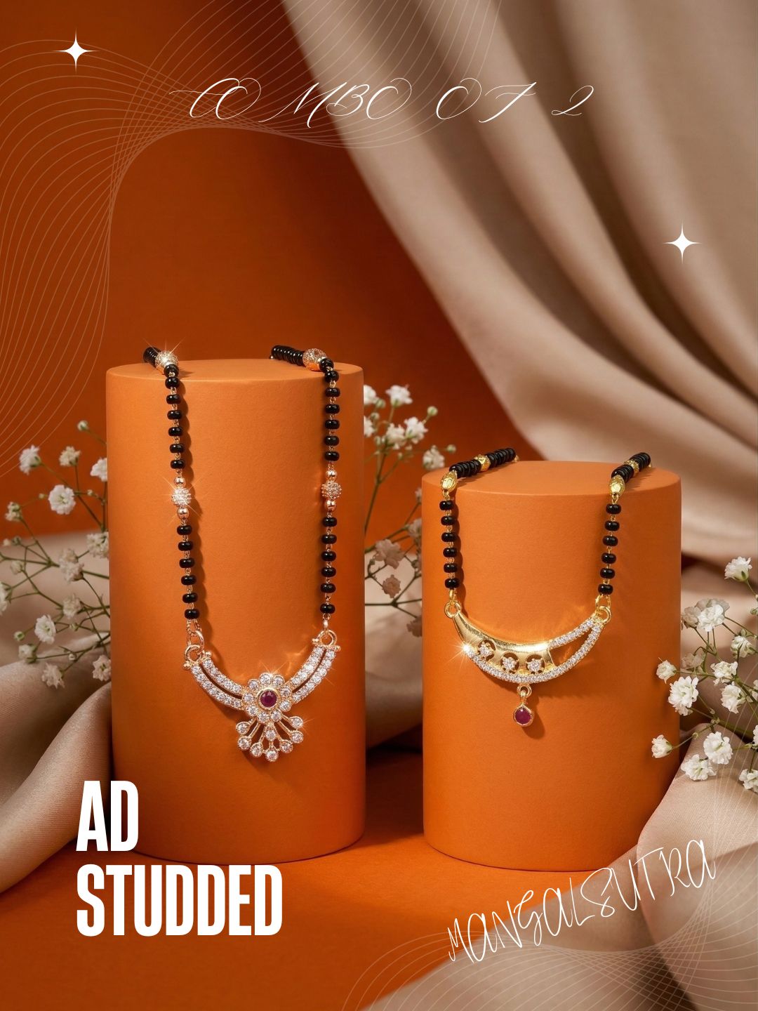 Meira Jewellery Traditional Black Bead Combo Mangalsutra Necklace for Women, Gold & Rose Gold Plated CZ Stone Stylish Mangalsutra Pendant Chain for Daily & Festive Ethnic Set of 2 Tanmaniya-84