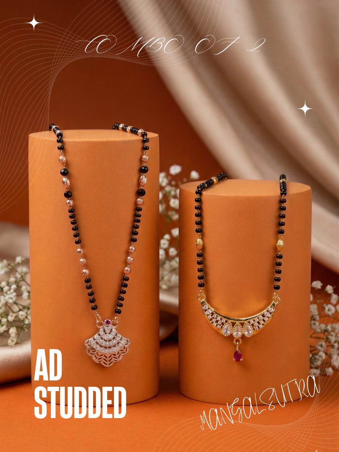 Meira Jewellery Traditional Black Bead Combo Mangalsutra Necklace for Women, Gold & Rose Gold Plated CZ Stone Stylish Mangalsutra Pendant Chain for Daily & Festive Ethnic Set of 2 Tanmaniya-89