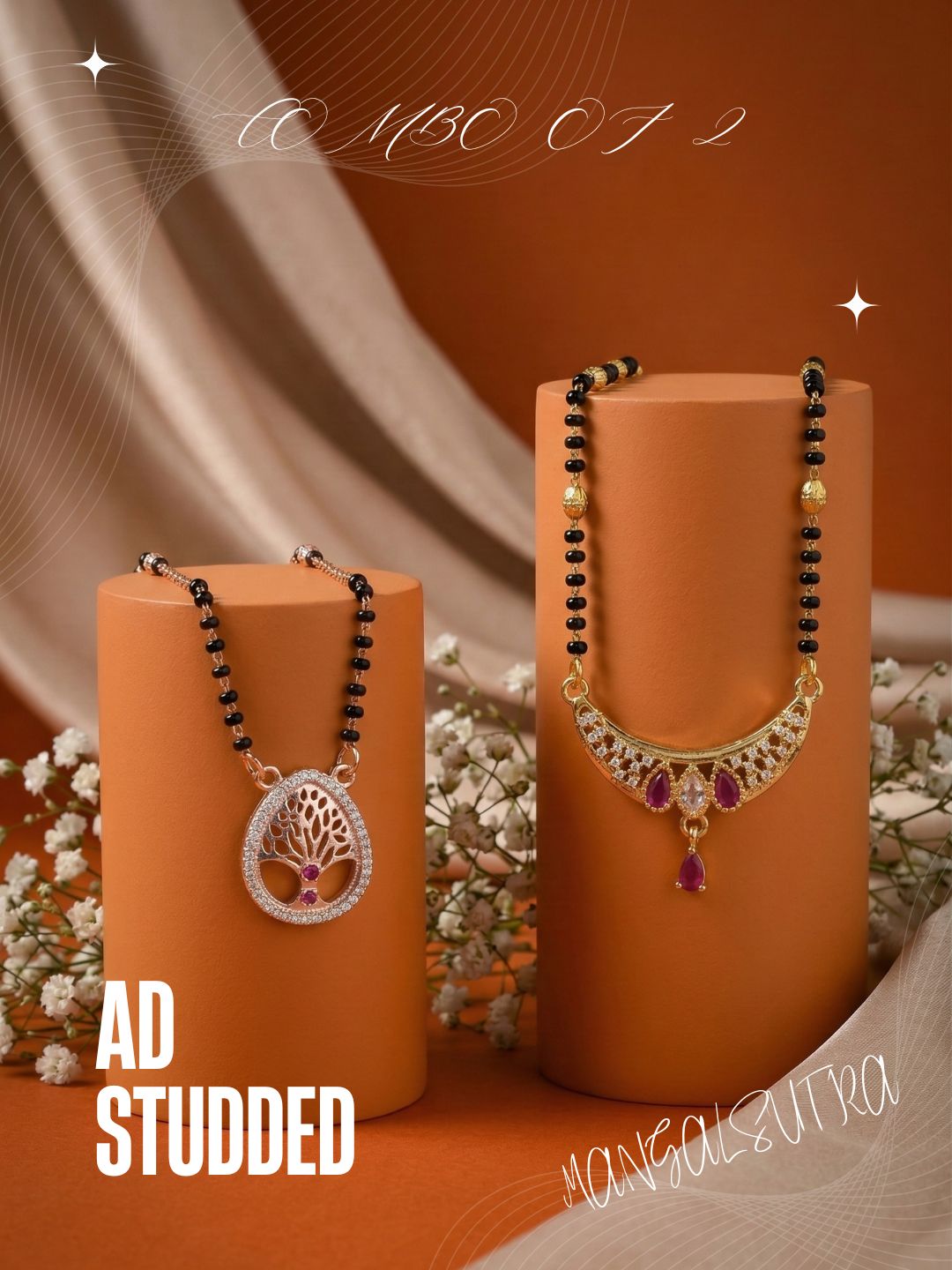 Meira Jewellery Traditional Black Bead Combo Mangalsutra Necklace for Women, Gold & Rose Gold Plated CZ Stone Stylish Mangalsutra Pendant Chain for Daily & Festive Ethnic Set of 2 Tanmaniya-103