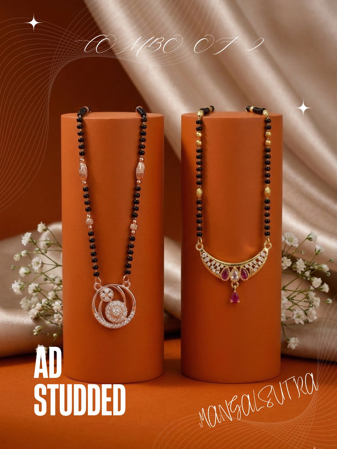 Meira Jewellery Traditional Black Bead Combo Mangalsutra Necklace for Women, Gold & Rose Gold Plated CZ Stone Stylish Mangalsutra Pendant Chain for Daily & Festive Ethnic Set of 2 Tanmaniya-111
