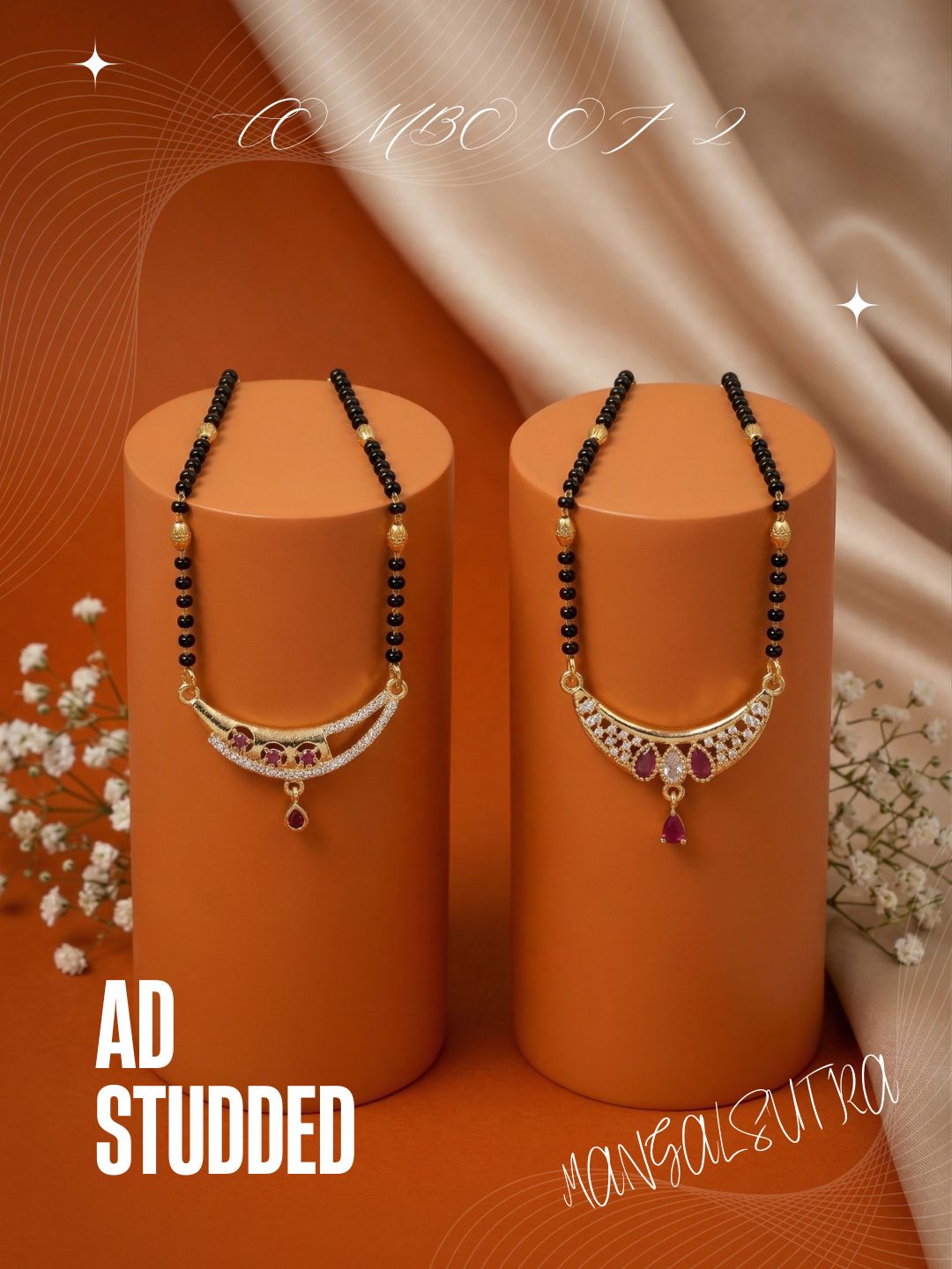 Meira Jewellery Traditional Black Bead Combo Mangalsutra Necklace for Women, Gold Plated CZ Stone Studded Stylish Mangalsutra Pendant Chain for Daily & Festive Ethnic Set of 2 Tanmaniya Necklace-132