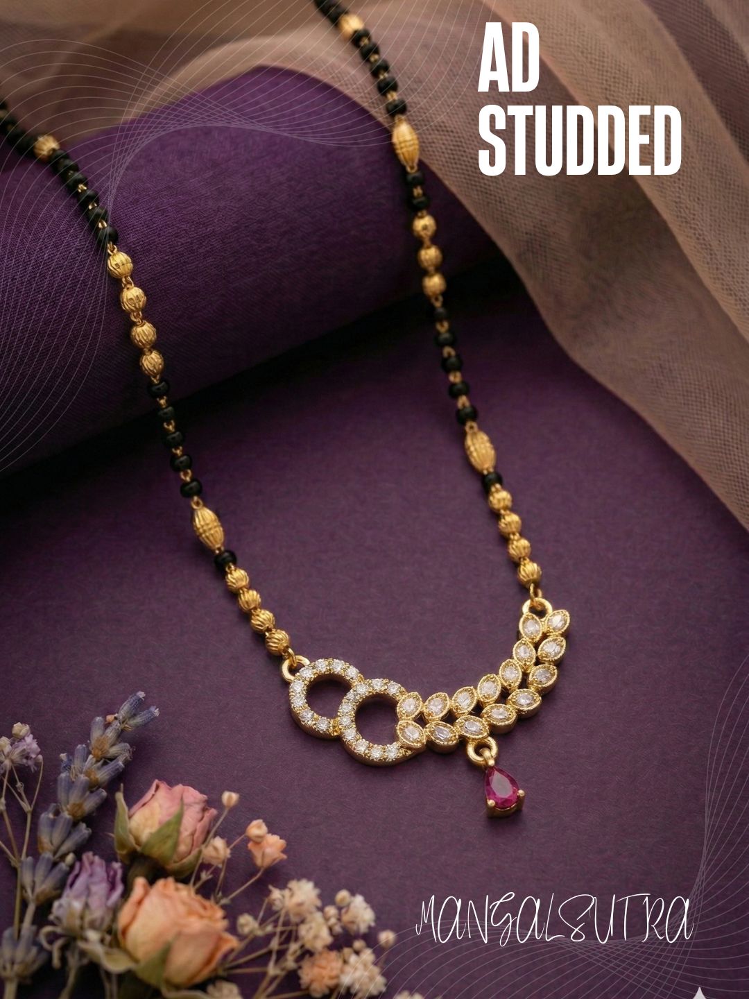 Meira Jewellery Traditional Gold-Toned Black Beaded Stylish Mangalsutra for Women Studded with Sparkling AD and Ruby Red Stones, Perfect for Daily and Office Ethnic Festive Jewellery Neckpiece-03