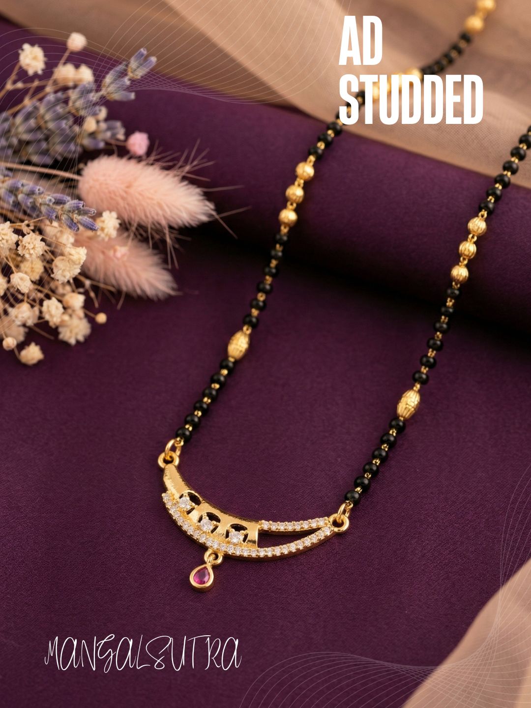 Meira Jewellery Traditional Gold-Toned Black Beaded Stylish Mangalsutra for Women Studded with Sparkling AD and Ruby Red Stones, Perfect for Daily and Office Ethnic Festive Jewellery Neckpiece-05