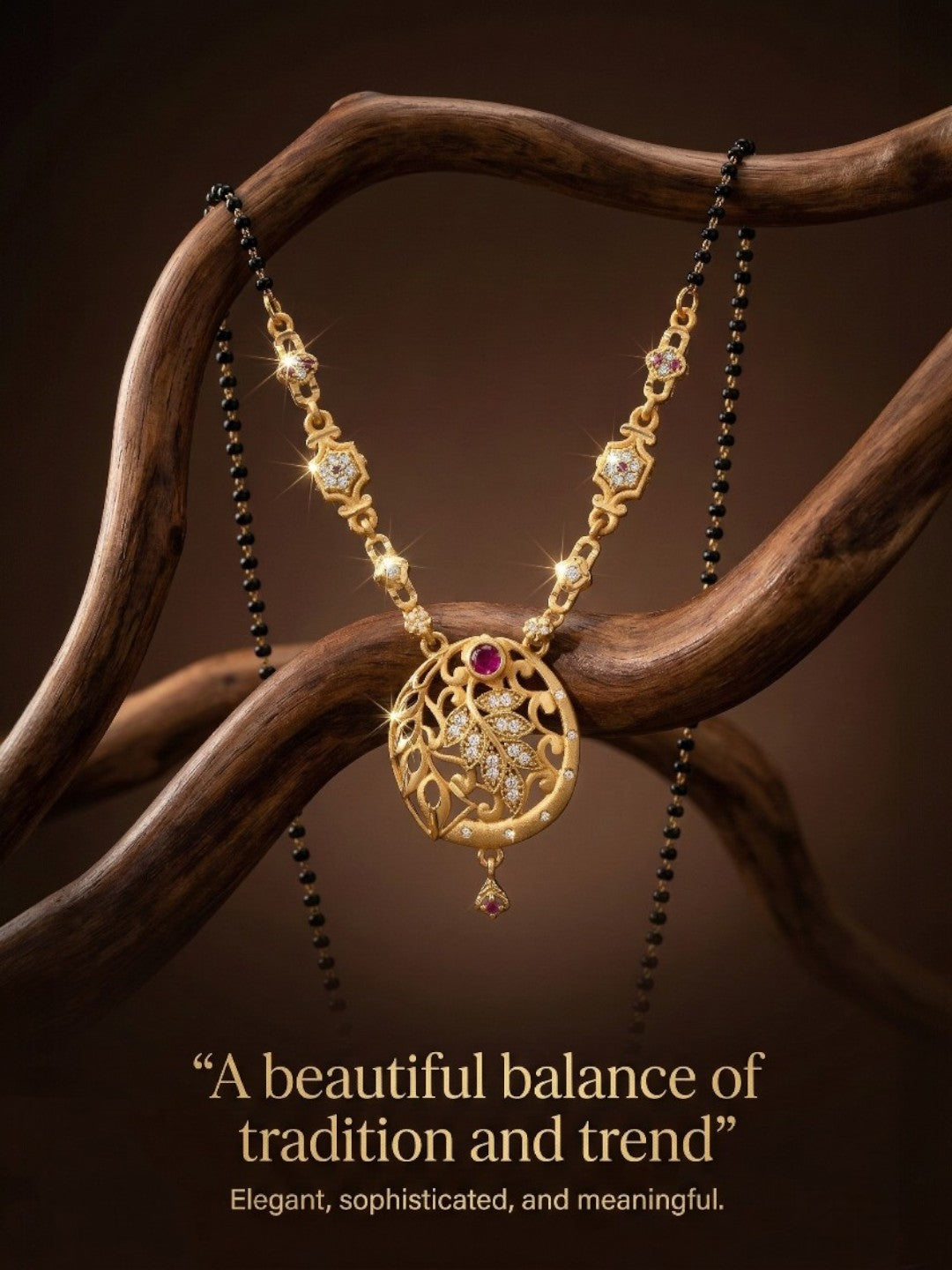 Meira Jewellery Traditional Mangalsutra for Women, Black Beads Chain with Pendant, Gold Plated Mangalsutra Necklace, Ethnic, Stylish Anniversary, Wedding, Festive Mangalsutra Jewellery for Women-01