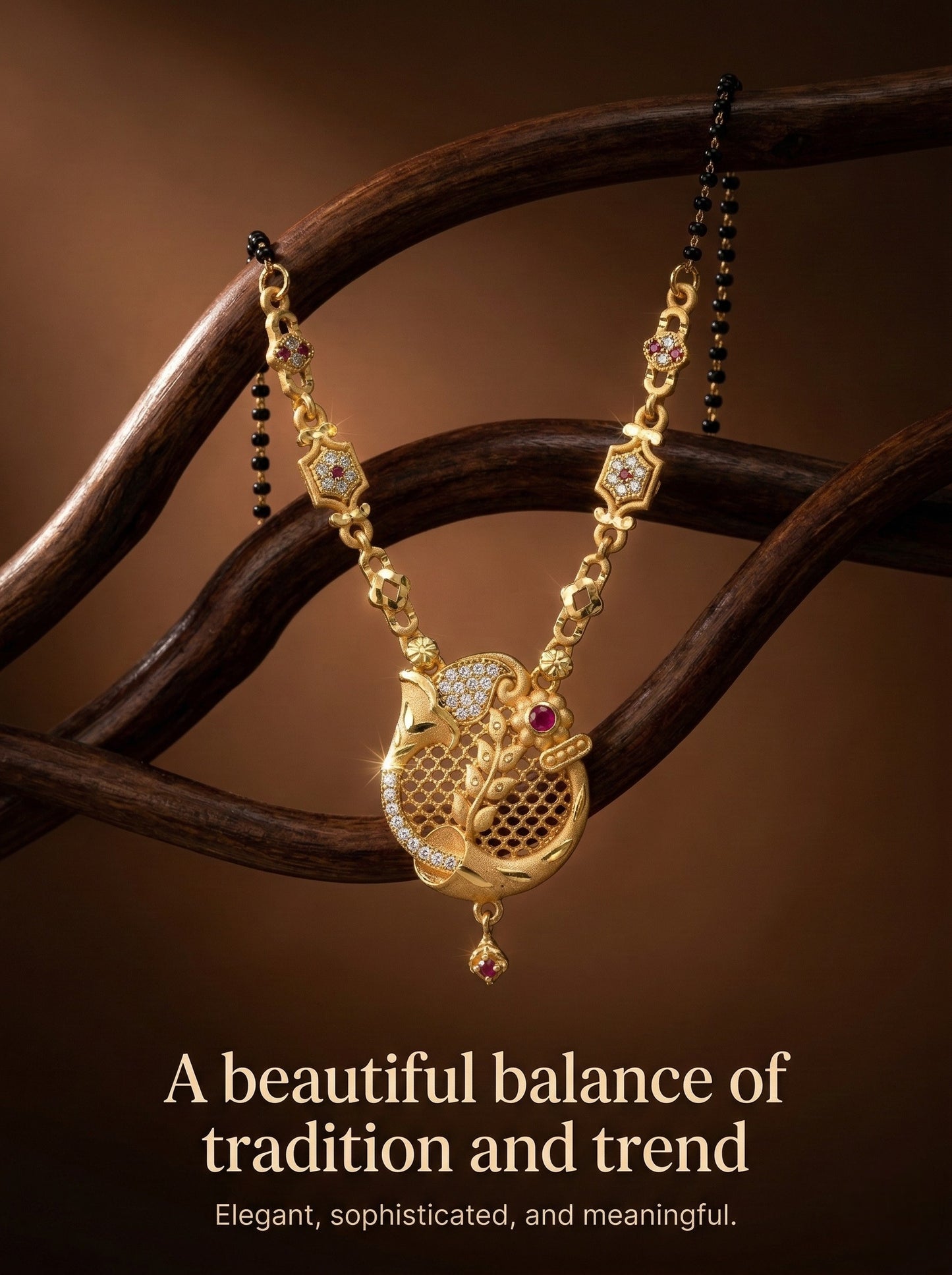 Meira Jewellery Traditional Mangalsutra for Women, Black Beads Chain with Pendant, Gold Plated Mangalsutra Necklace, Ethnic, Stylish Anniversary, Wedding, Festive Mangalsutra Jewellery for Women-05