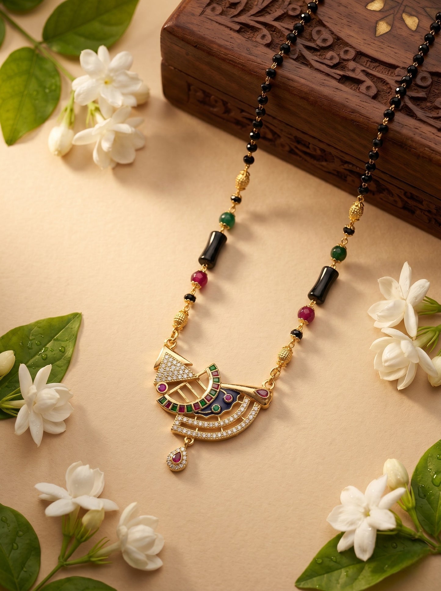 Traditional Gold-Toned Black Bead Mangalsutra Necklace for Women