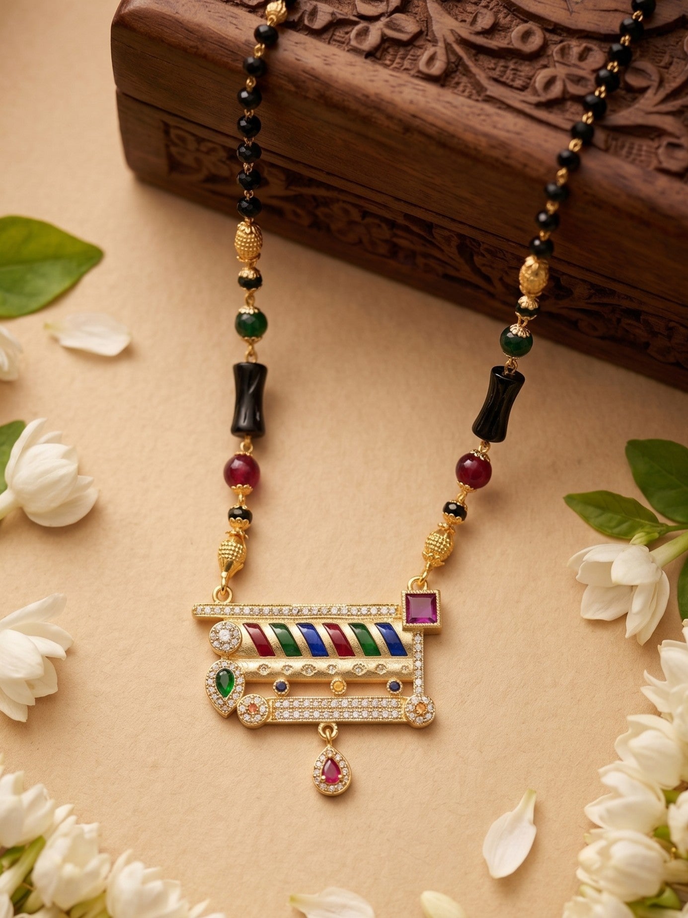 Traditional Gold-Toned Black Bead Mangalsutra Necklace for Women