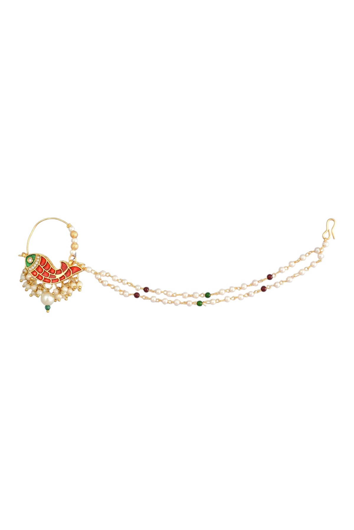 Traditional Minakari Pearl Fish Design Nath Nose Ring with Chain