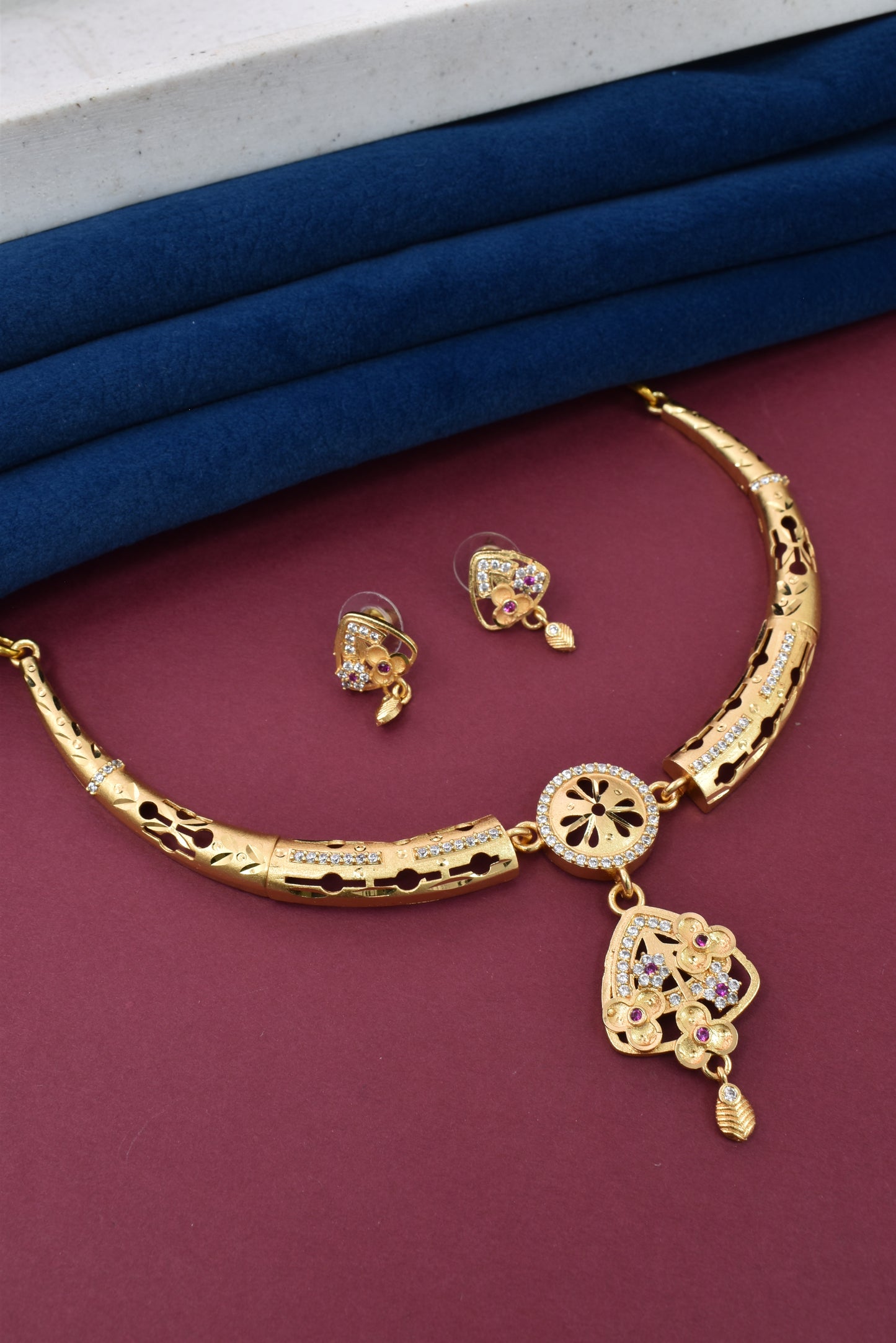 Meira Jewellery Gold-Plated Necklace Set with Matching Stud Earrings, Floral Filigree Pendant Design, CZ Stone Accents, Adjustable Dori, Traditional Indian Party Jewellery for Weddings & Festivals-04