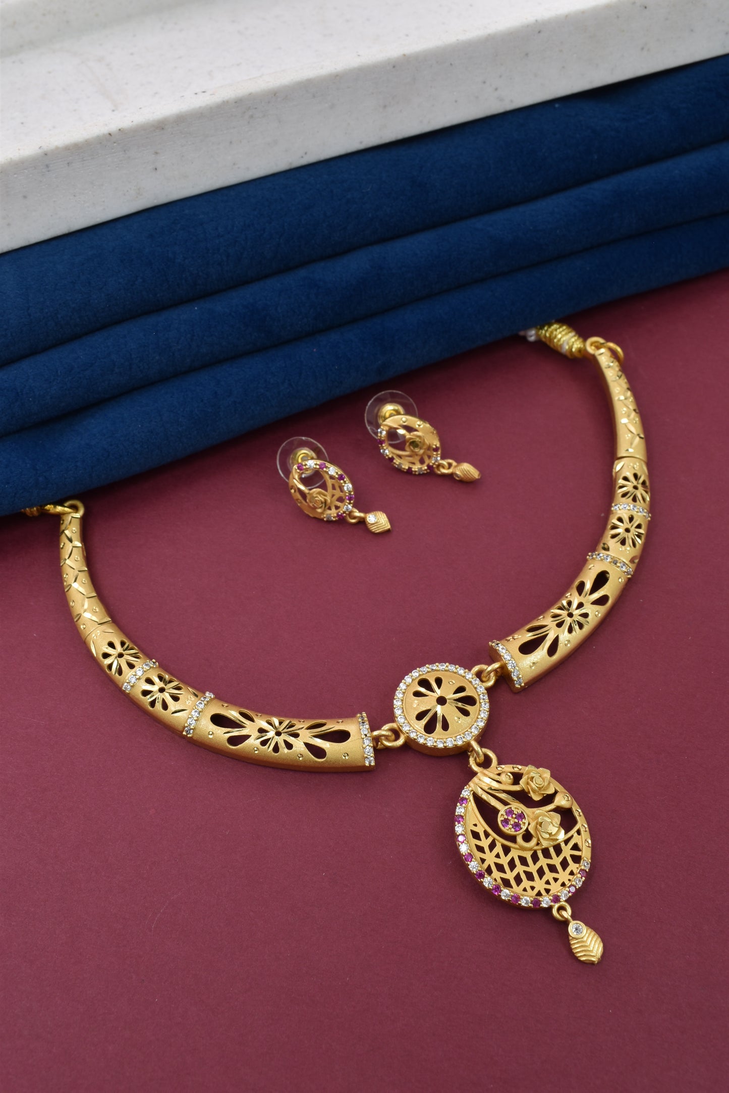 Meira Jewellery Gold-Plated Necklace Set with Matching Stud Earrings, Floral Filigree Pendant Design, CZ Stone Accents, Adjustable Dori, Traditional Indian Party Jewellery for Weddings & Festivals-05